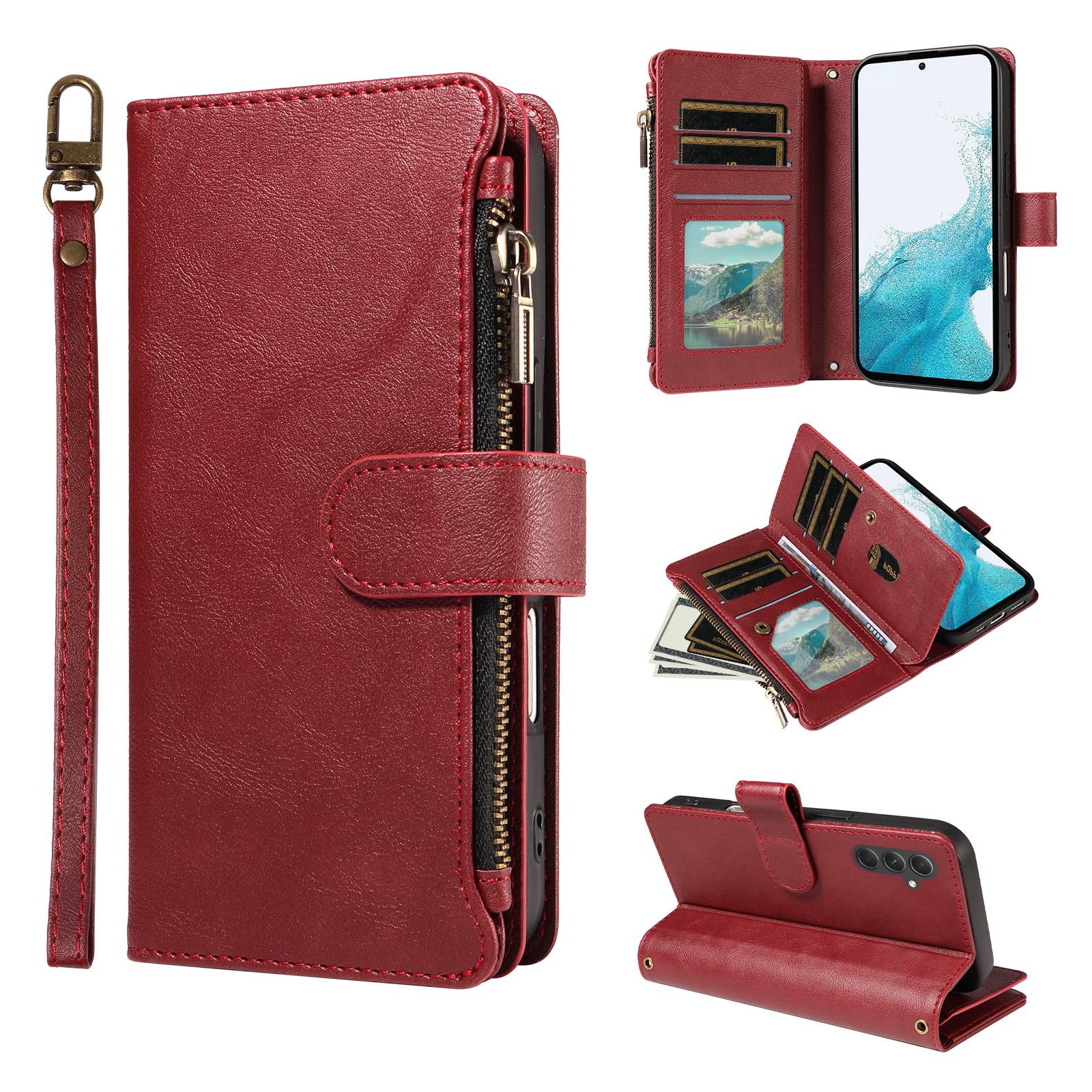 For Galaxy A54 5G Imitation Calf Vegan Leather 9 Card Slots Zipper Phone Case with Wrist Strap(Red) - Shopkiz.com