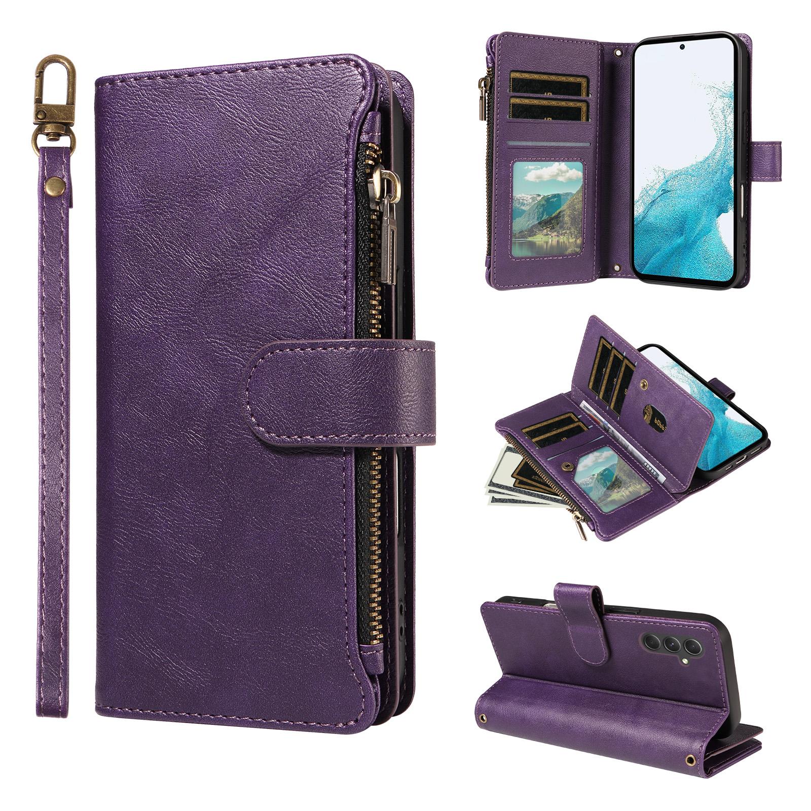 For Galaxy A54 5G Imitation Calf Vegan Leather 9 Card Slots Zipper Phone Case with Wrist Strap(Purple) - Shopkiz.com