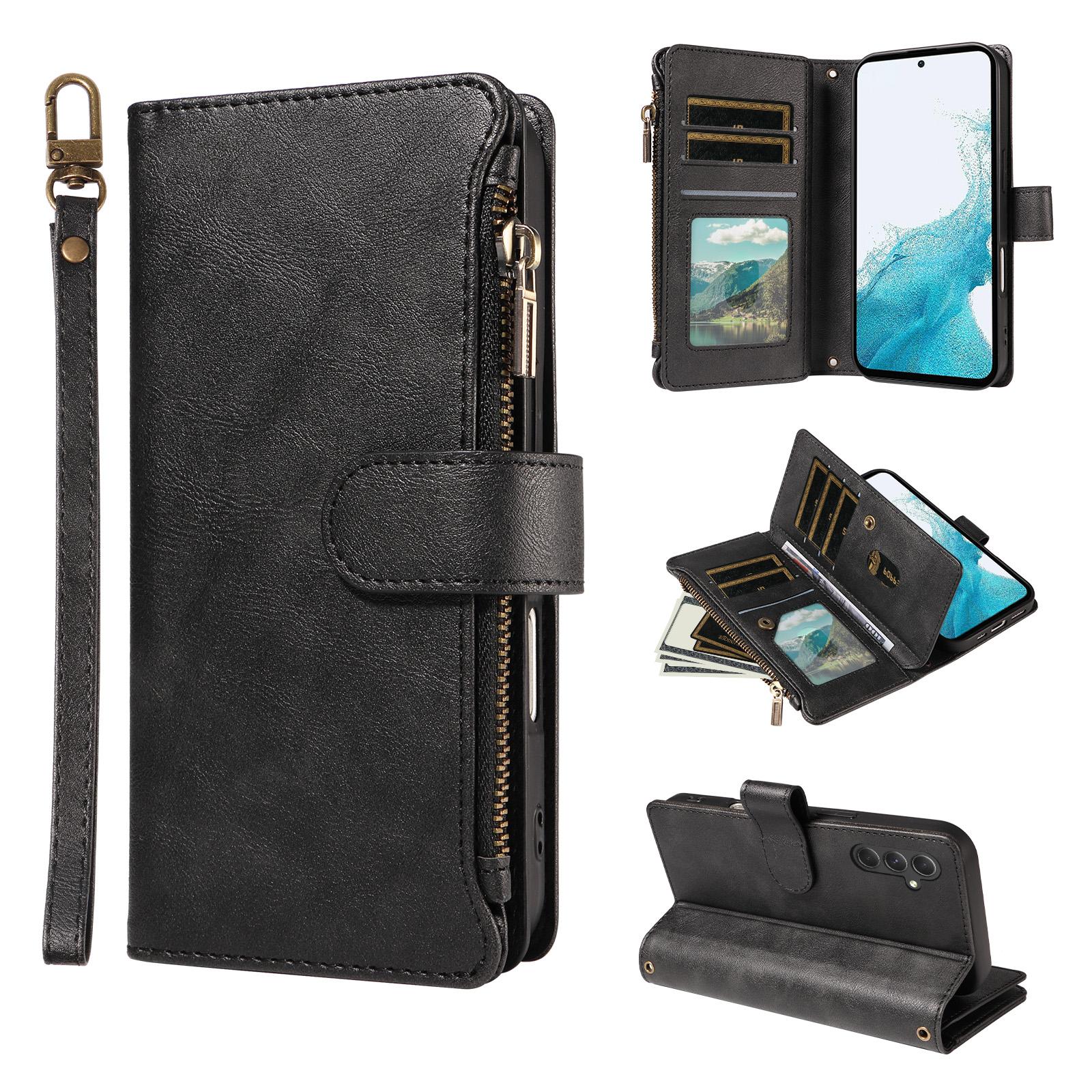 For Galaxy A54 5G Imitation Calf Vegan Leather 9 Card Slots Zipper Phone Case with Wrist Strap(Black) - Shopkiz.com