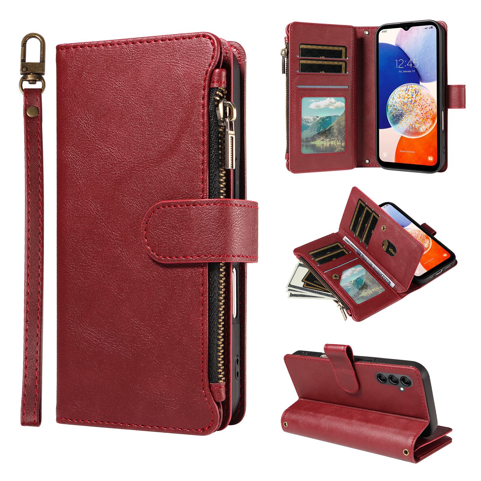 For Galaxy A14 5G Imitation Calf Vegan Leather 9 Card Slots Zipper Phone Case with Wrist Strap(Red) - Shopkiz.com
