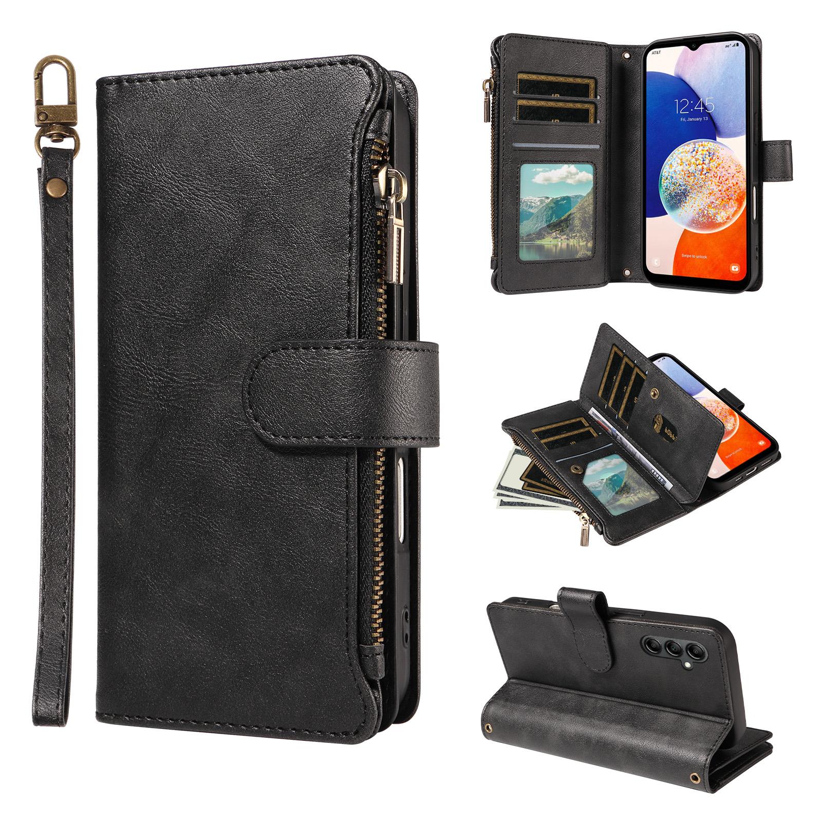 For Galaxy A14 5G Imitation Calf Vegan Leather 9 Card Slots Zipper Phone Case with Wrist Strap(Black) - Shopkiz.com