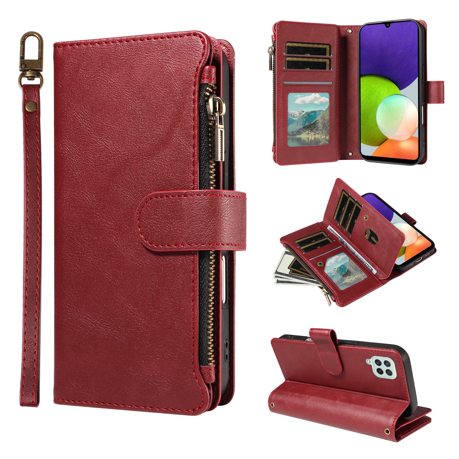 For Galaxy A22 4G Imitation Calf Vegan Leather 9 Card Slots Zipper Phone Case with Wrist Strap(Red) - Shopkiz.com