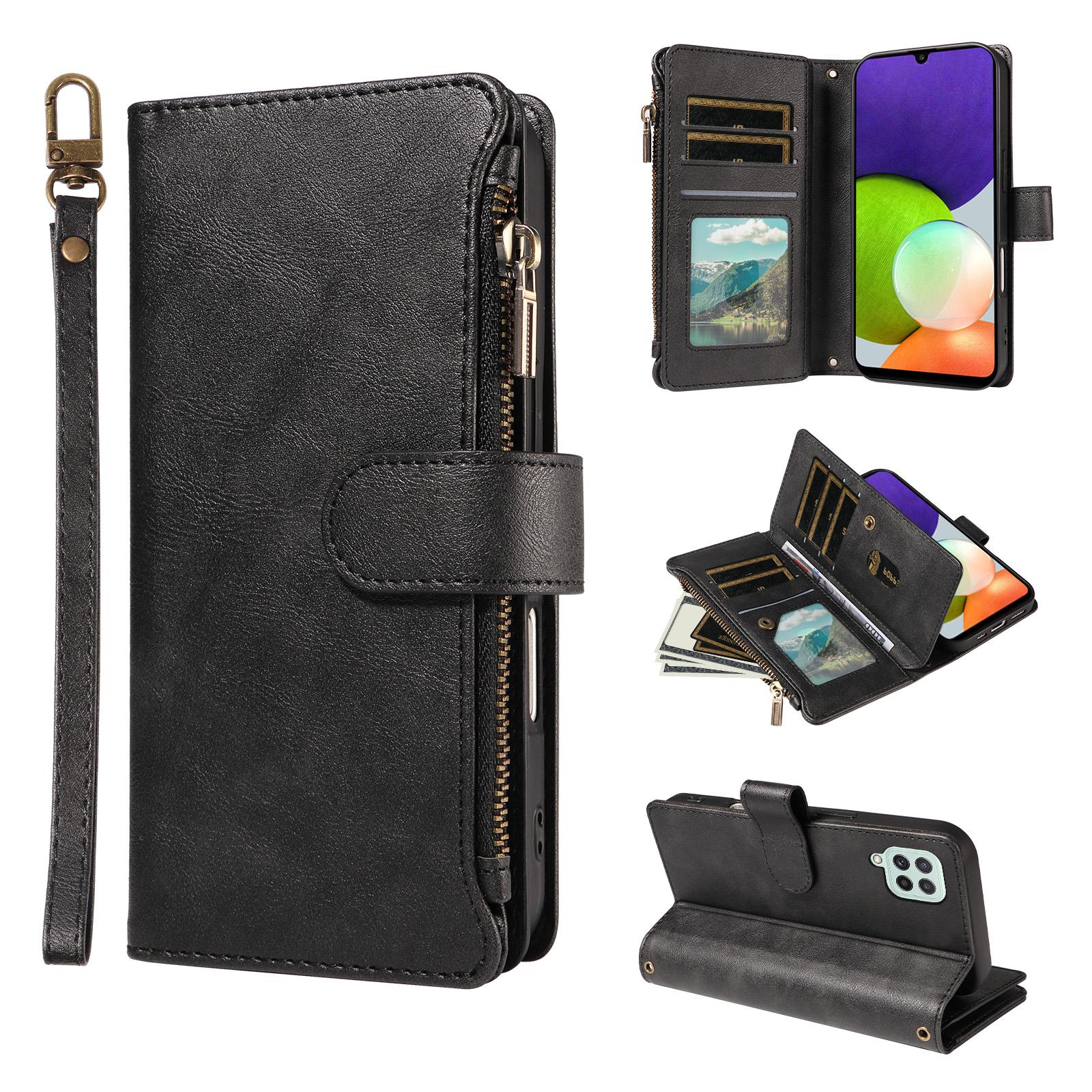 For Galaxy A22 4G Imitation Calf Vegan Leather 9 Card Slots Zipper Phone Case with Wrist Strap(Black) - Shopkiz.com