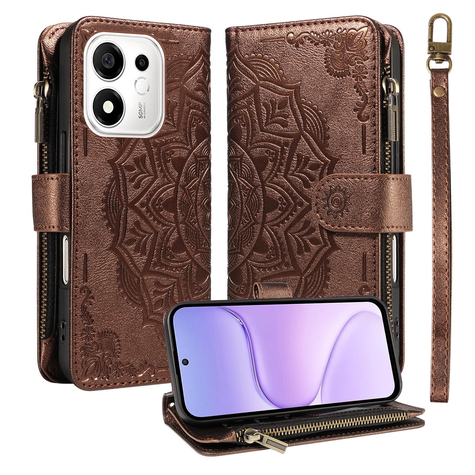 For Honor 600 Smart 5G Mandala Embossed 9-Card Zipper RFID Vegan Leather Phone Case with Short Lanyard(Brown) - Shopkiz.com