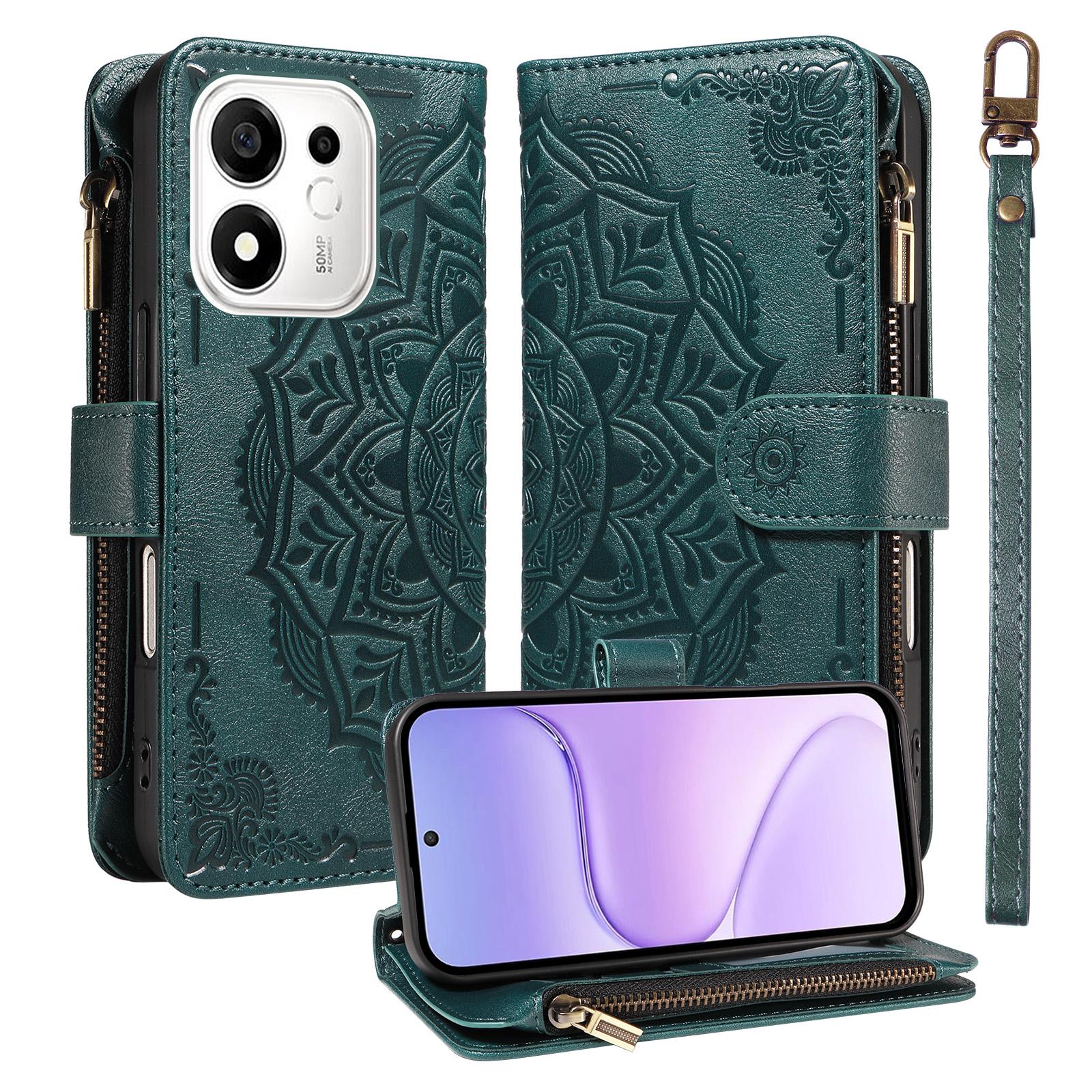 For Honor 600 Smart 5G Mandala Embossed 9-Card Zipper RFID Vegan Leather Phone Case with Short Lanyard(Green) - Shopkiz.com