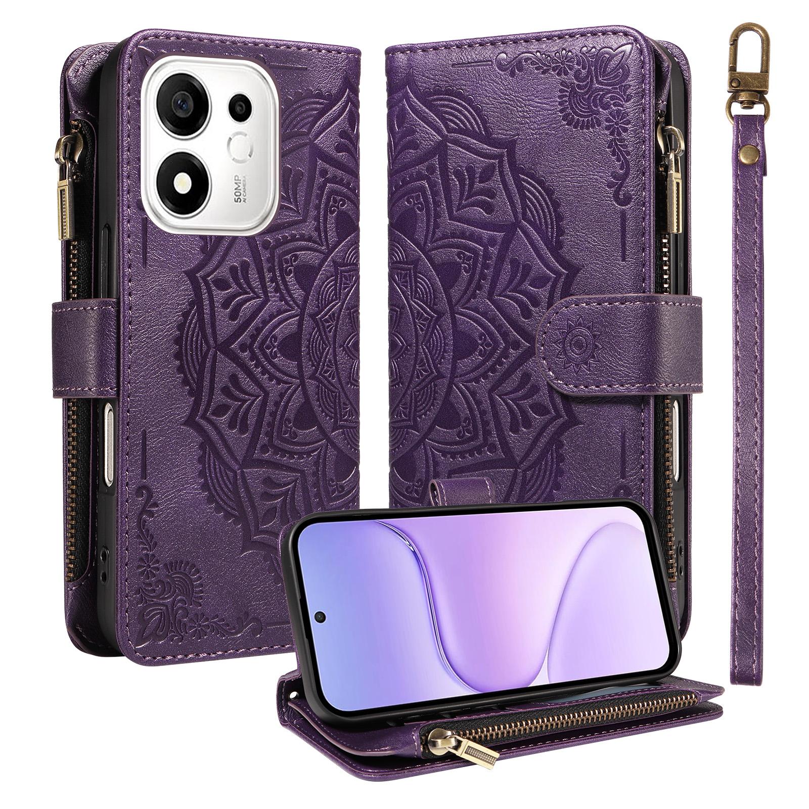 For Honor 600 Smart 5G Mandala Embossed 9-Card Zipper RFID Vegan Leather Phone Case with Short Lanyard(Purple) - Shopkiz.com