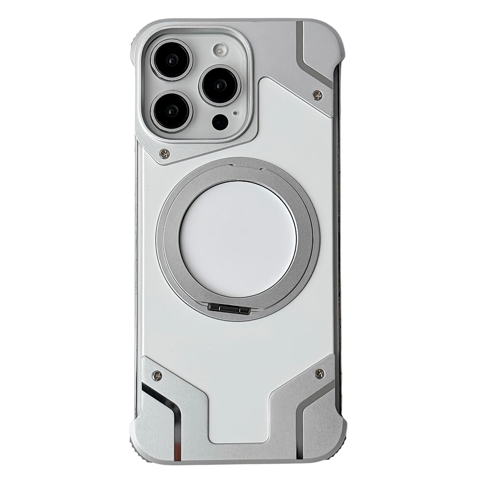 For iPhone 15 Pro Max Frameless Armor Silicone Magnetic Holder Phone Case(Silver) - Shopkiz.com