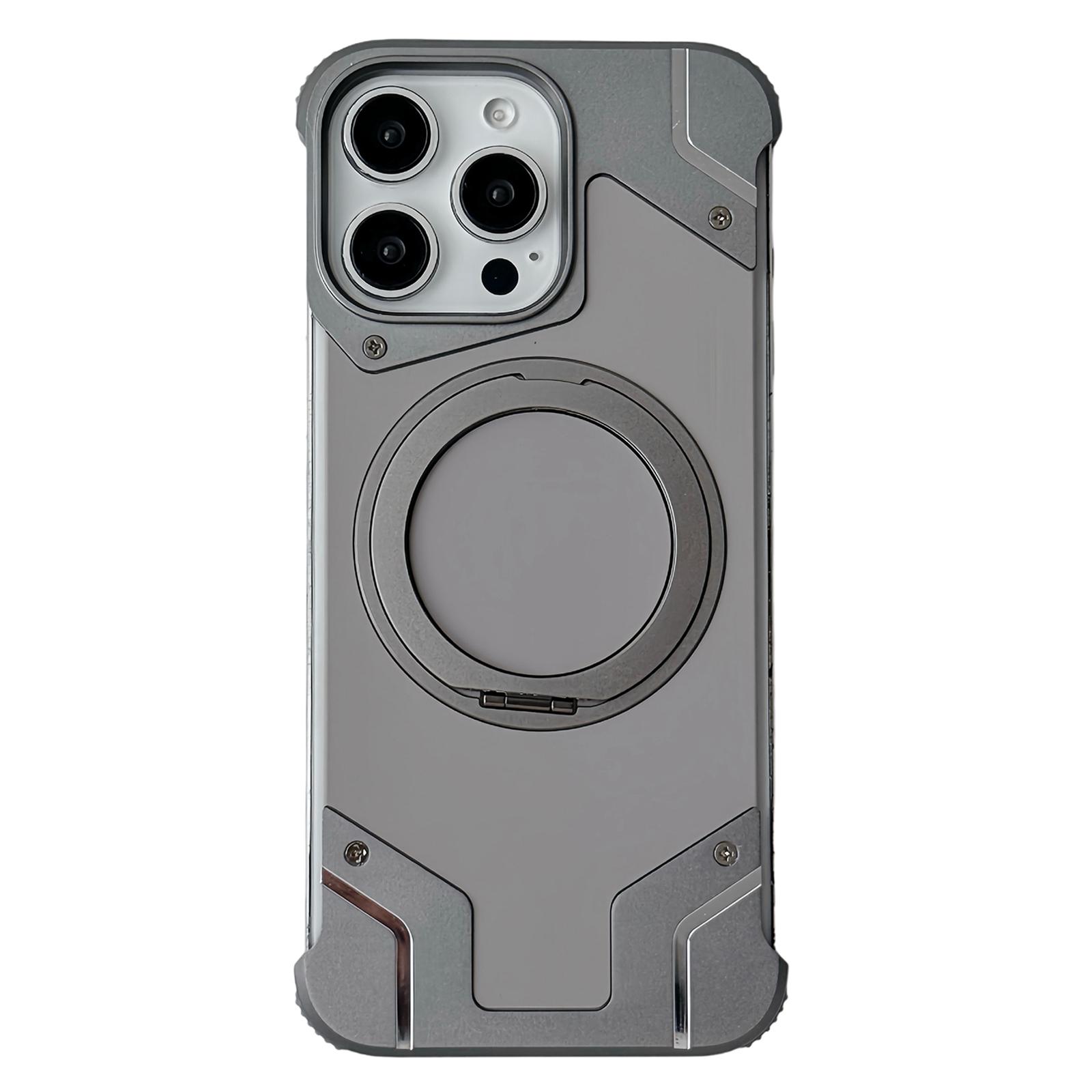 For iPhone 15 Pro Max Frameless Armor Silicone Magnetic Holder Phone Case(Titanium Color) - Shopkiz.com