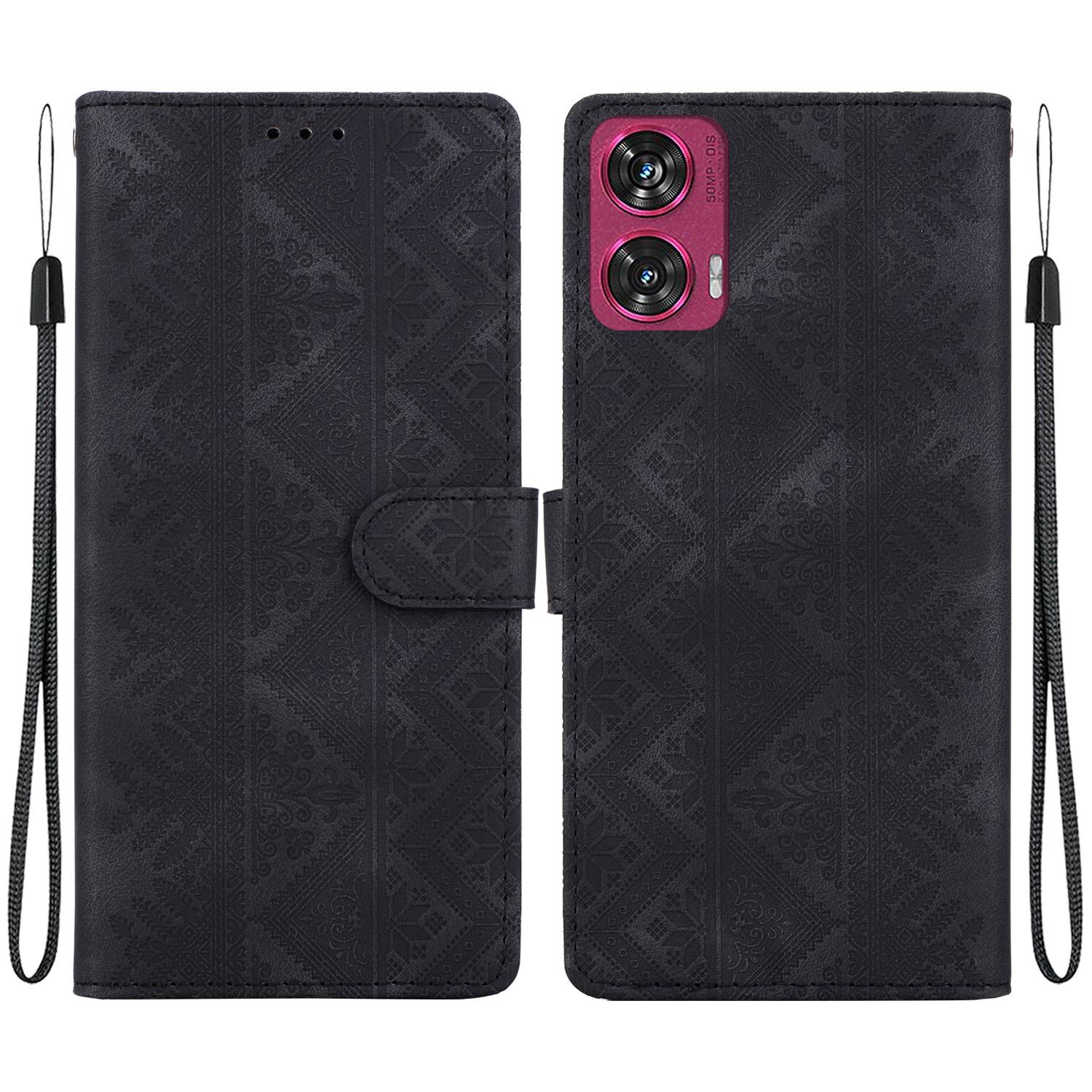 For Motorola Edge 50 Fusion Ethnic Pattern Embossed Vegan Leather Phone Case(Black) - Shopkiz.com