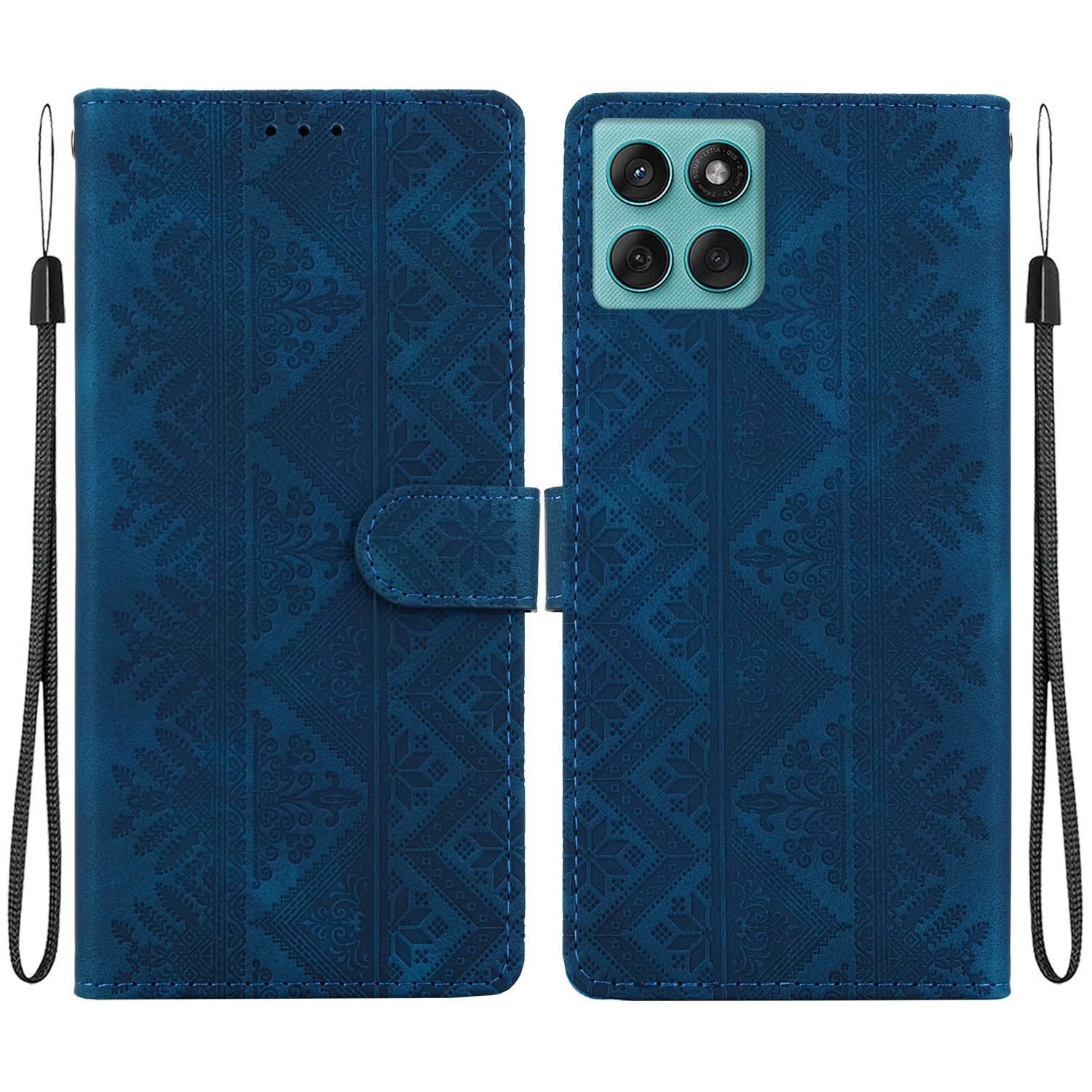 For Motorola Edge 60 Fusion Ethnic Pattern Embossed Vegan Leather Phone Case(Dark Blue) - Shopkiz.com