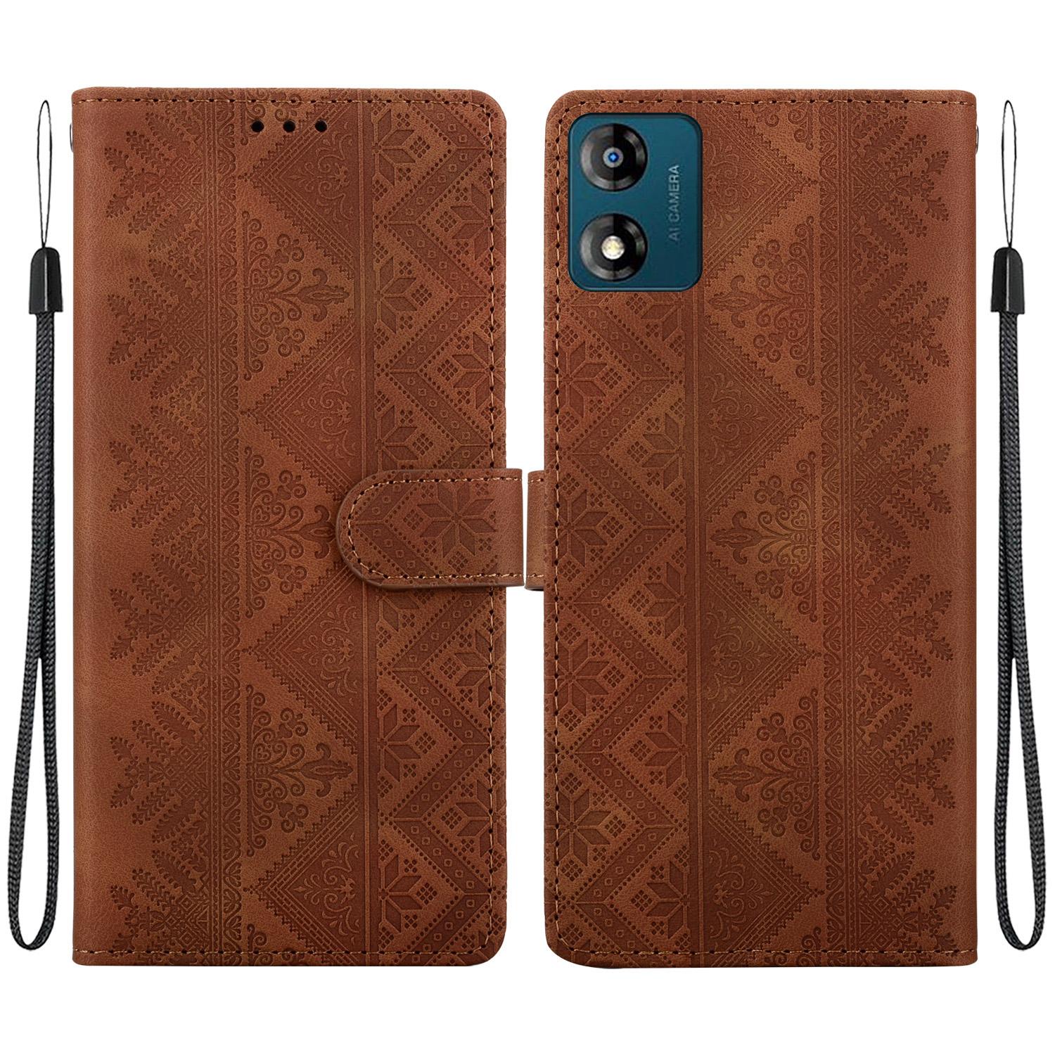 For Motorola Moto E13 Ethnic Pattern Embossed Vegan Leather Phone Case(Brown) - Shopkiz.com