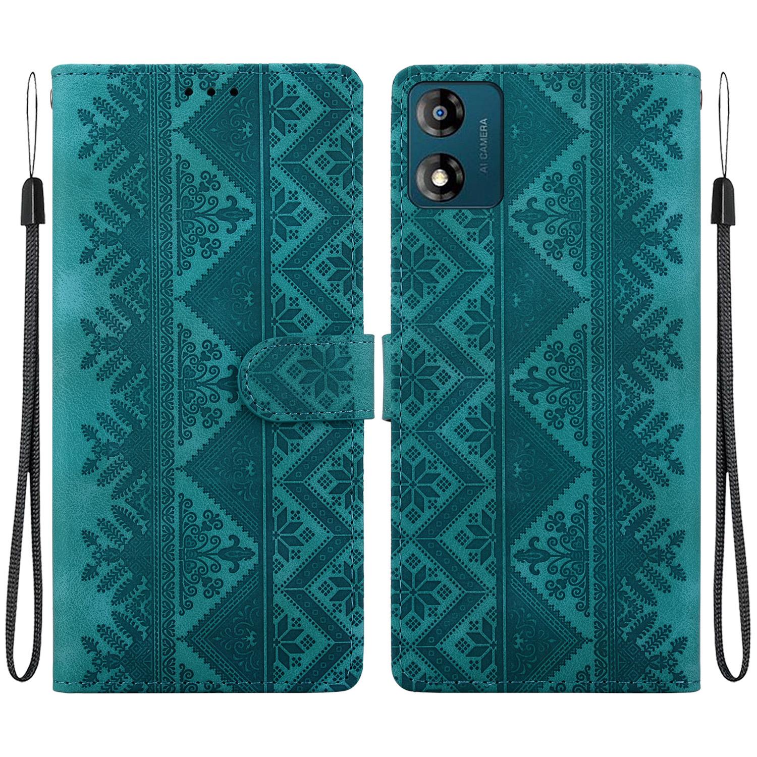 For Motorola Moto E13 Ethnic Pattern Embossed Vegan Leather Phone Case(Green) - Shopkiz.com
