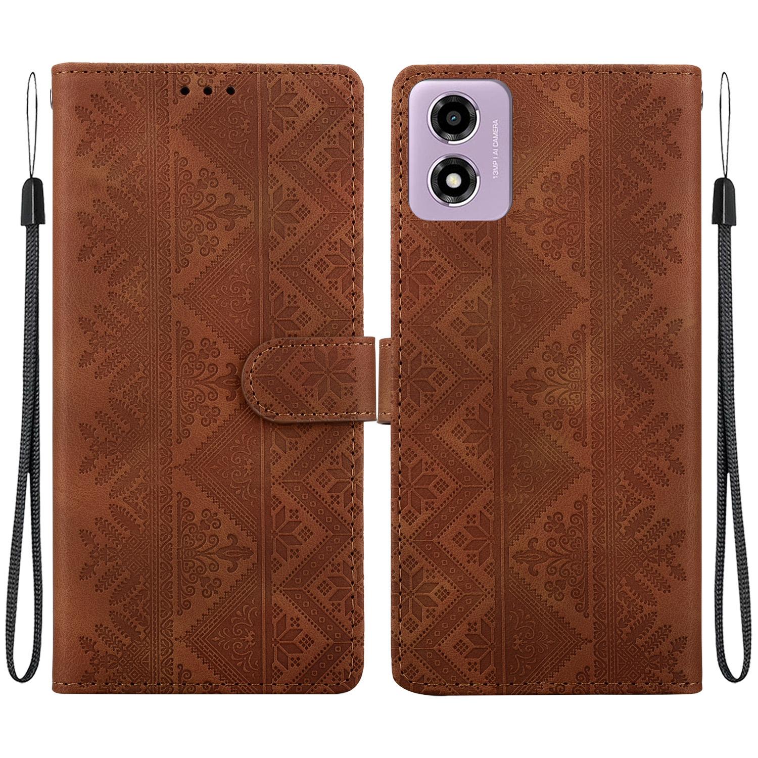 For Motorola Moto E14 / G24 / G04 / G04s Ethnic Pattern Embossed Vegan Leather Phone Case(Brown) - Shopkiz.com
