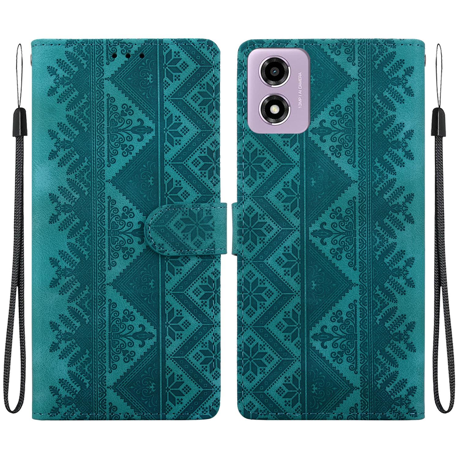 For Motorola Moto E14 / G24 / G04 / G04s Ethnic Pattern Embossed Vegan Leather Phone Case(Green) - Shopkiz.com