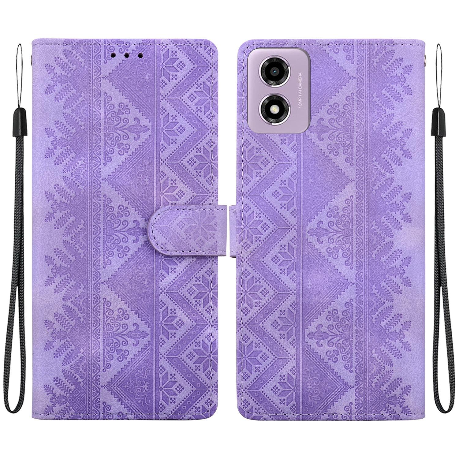 For Motorola Moto E14 / G24 / G04 / G04s Ethnic Pattern Embossed Vegan Leather Phone Case(Purple) - Shopkiz.com