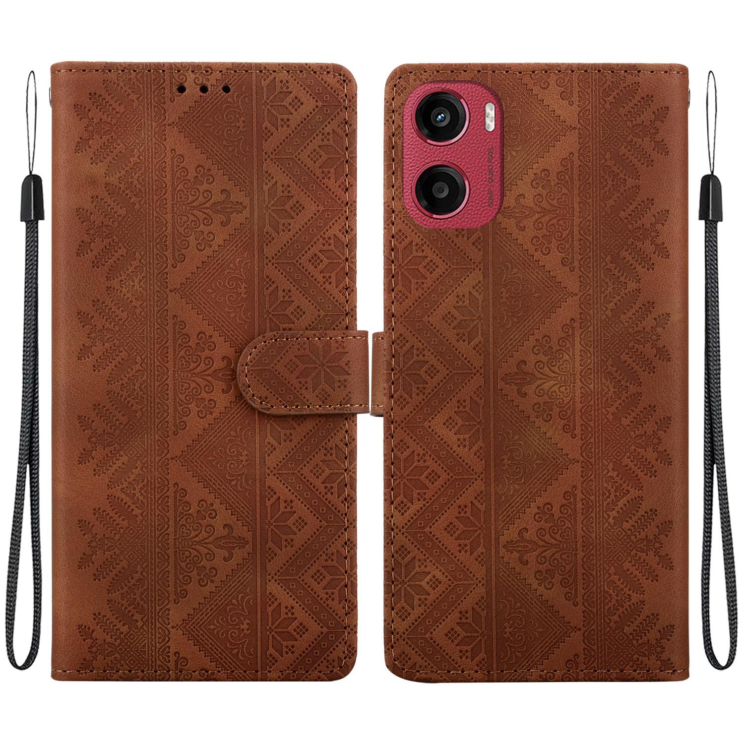 For Motorola Moto E15 / Moto G05 Ethnic Pattern Embossed Vegan Leather Phone Case(Brown) - Shopkiz.com