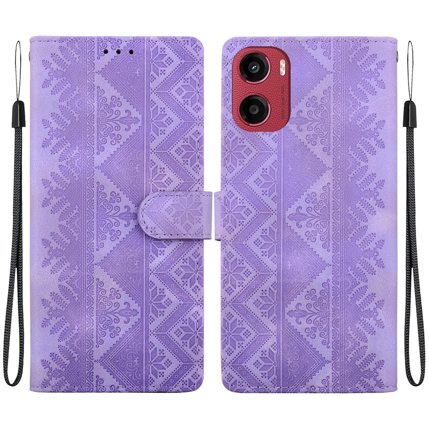 For Motorola Moto E15 / Moto G05 Ethnic Pattern Embossed Vegan Leather Phone Case(Purple) - Shopkiz.com