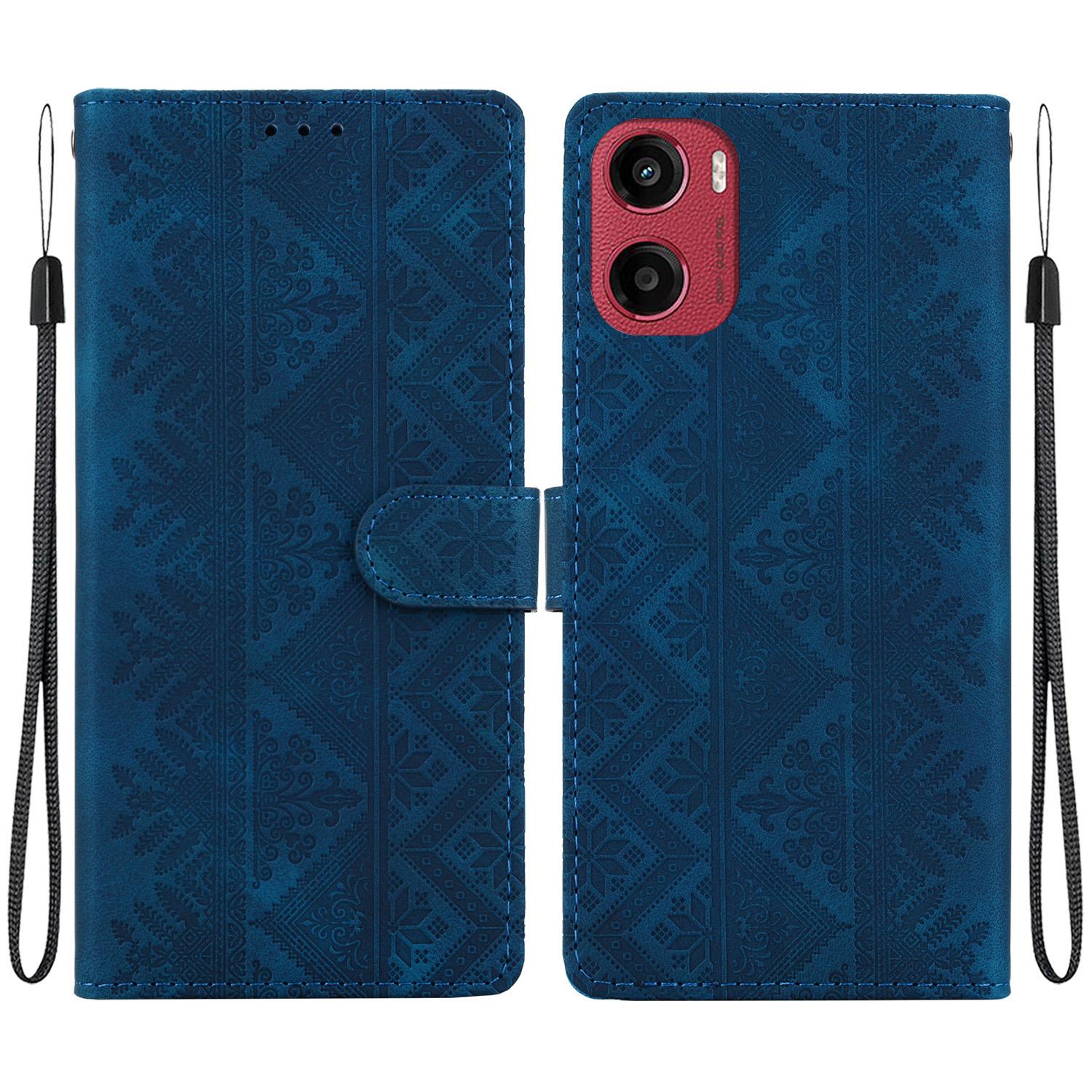 For Motorola Moto E15 / Moto G05 Ethnic Pattern Embossed Vegan Leather Phone Case(Dark Blue) - Shopkiz.com
