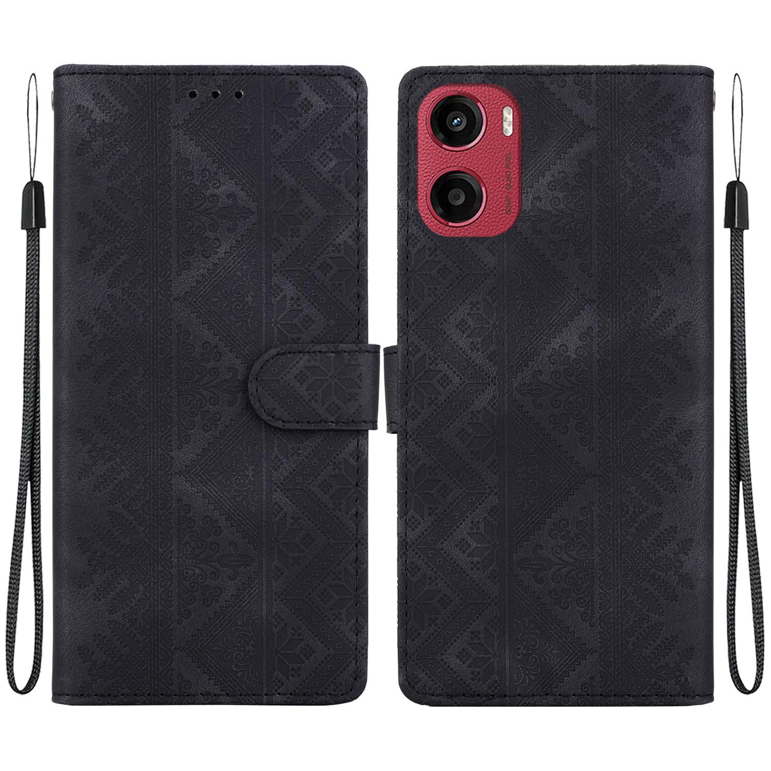 For Motorola Moto E15 / Moto G05 Ethnic Pattern Embossed Vegan Leather Phone Case(Black) - Shopkiz.com
