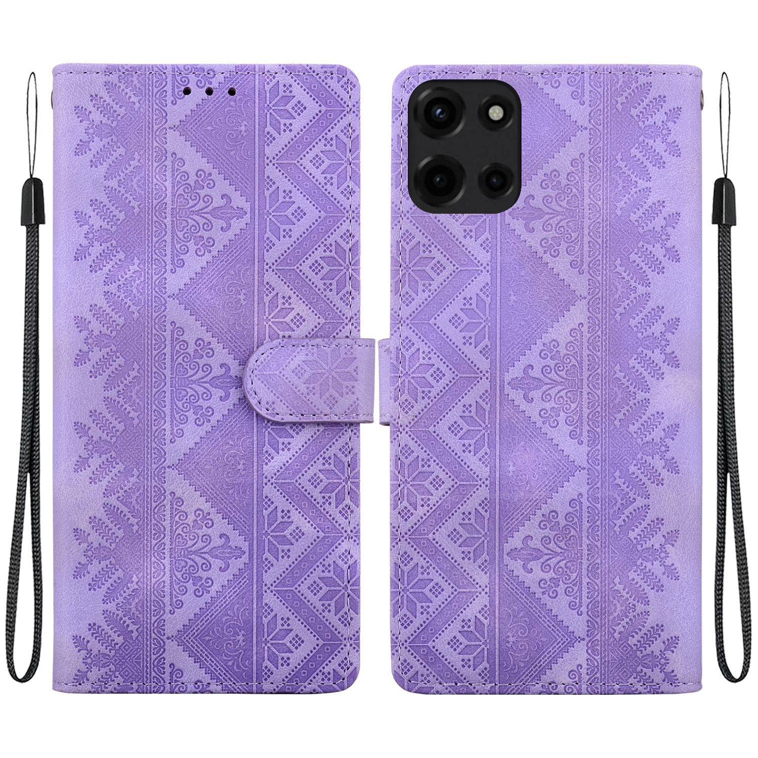 For Motorola Moto G 2025 Ethnic Pattern Embossed Vegan Leather Phone Case(Purple) - Shopkiz.com