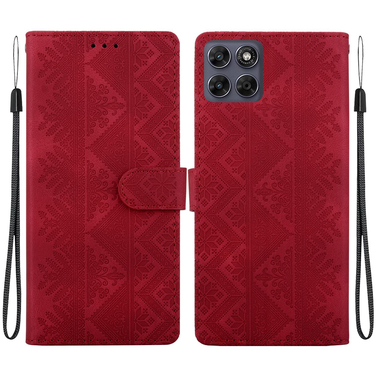 For Motorola Moto G Max / G87 / G77 / G67 5G Ethnic Pattern Embossed Vegan Leather Phone Case(Red) - Shopkiz.com