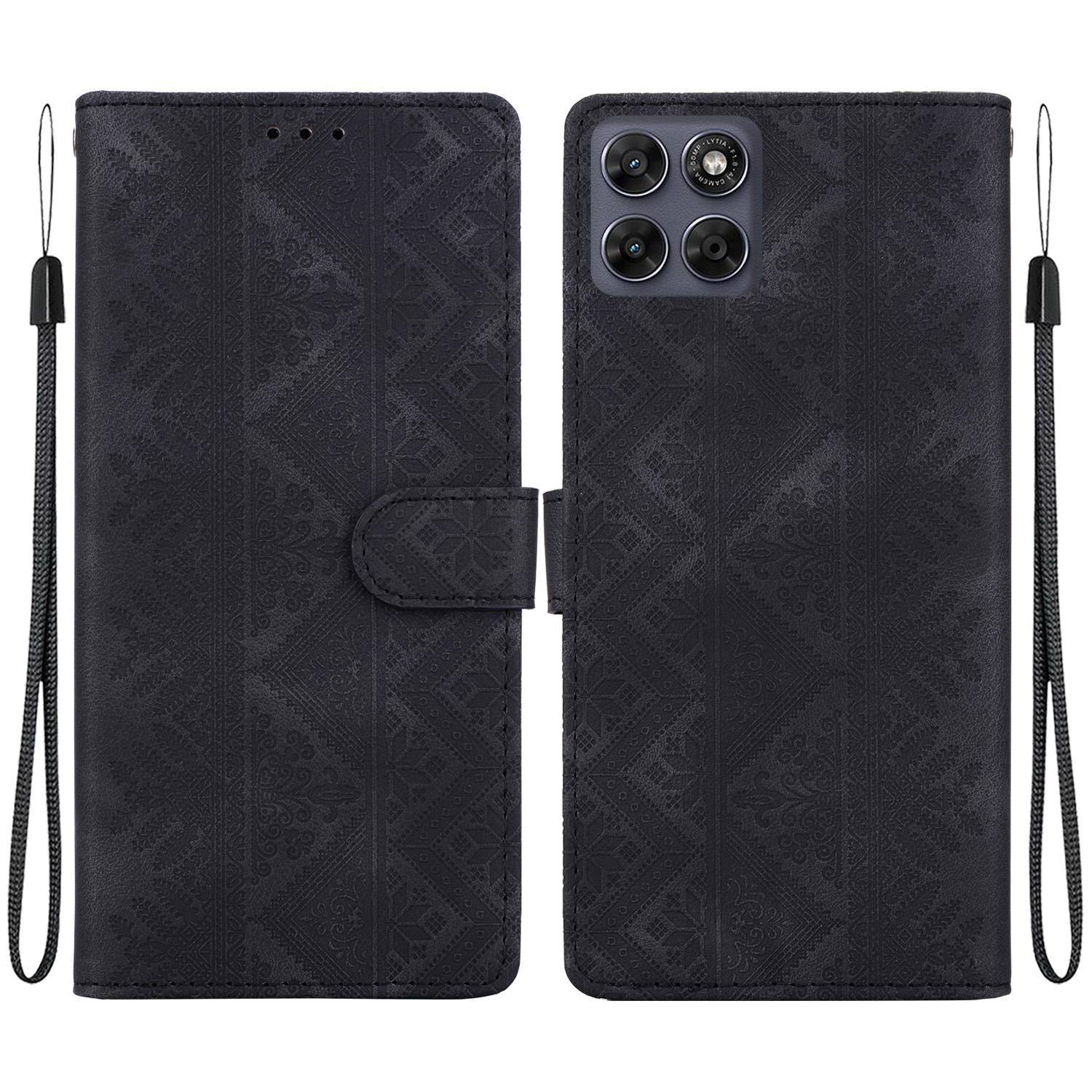For Motorola Moto G Max / G87 / G77 / G67 5G Ethnic Pattern Embossed Vegan Leather Phone Case(Black) - Shopkiz.com