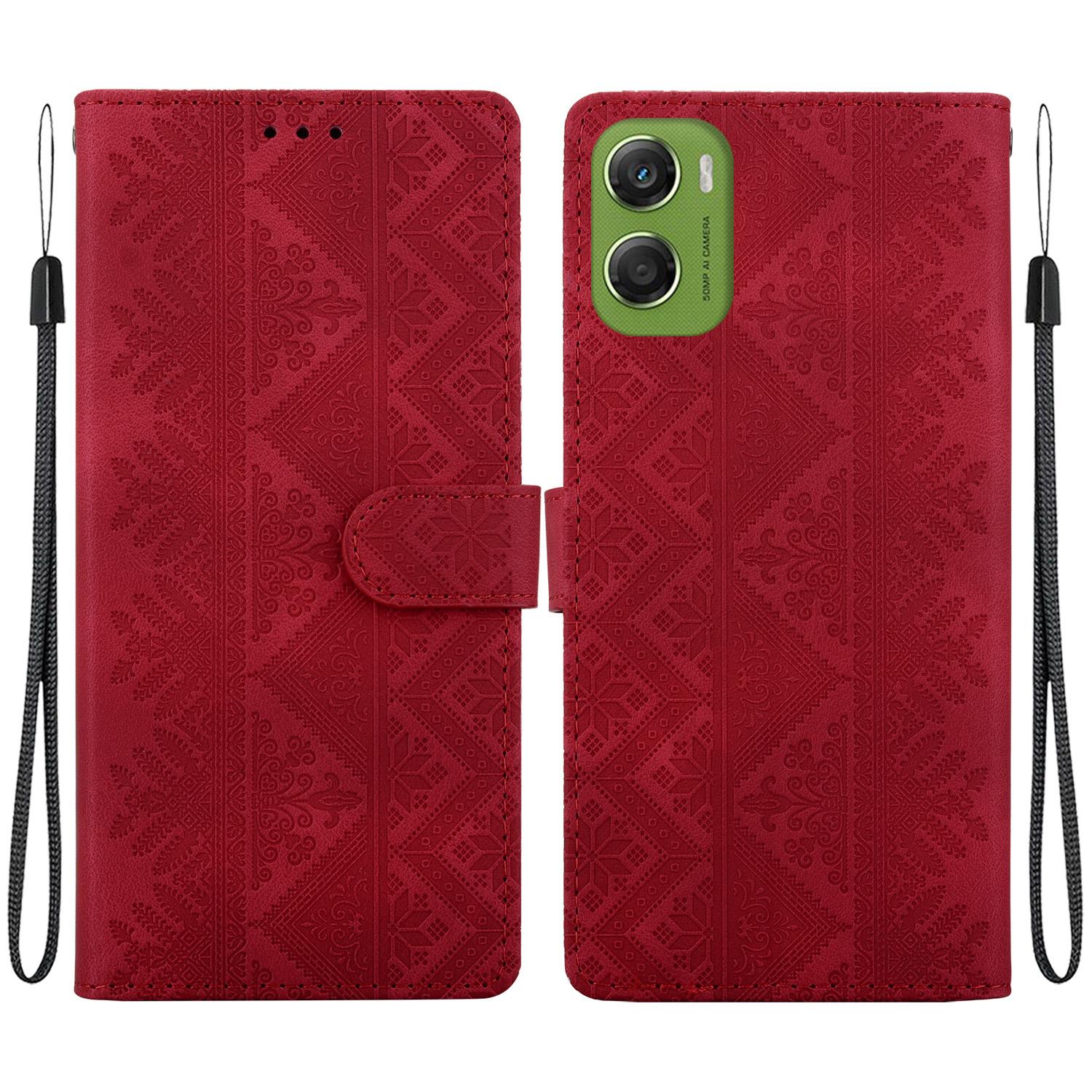 For Motorola Moto G06 4G Ethnic Pattern Embossed Vegan Leather Phone Case(Red) - Shopkiz.com