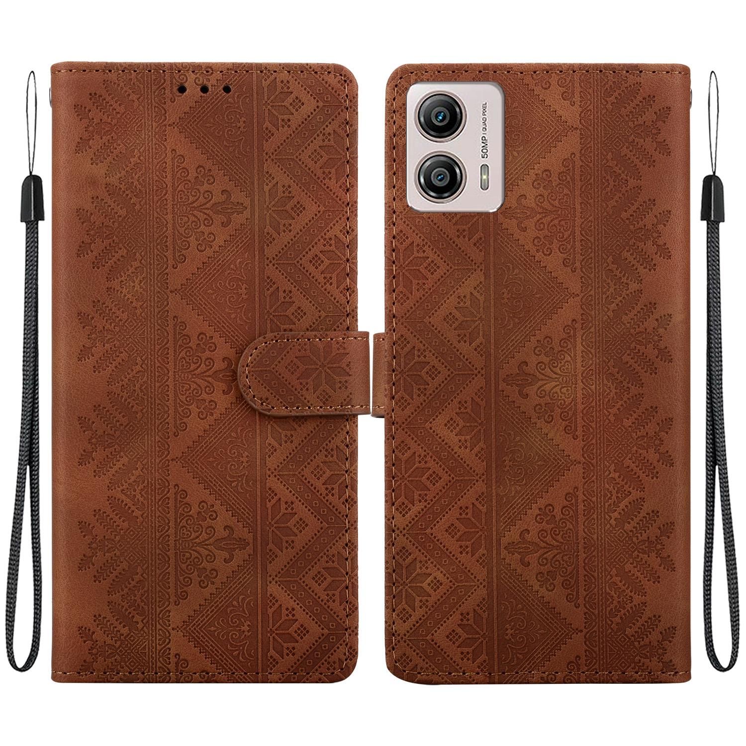 For Motorola Moto G13 / Moto G23 Ethnic Pattern Embossed Vegan Leather Phone Case(Brown) - Shopkiz.com