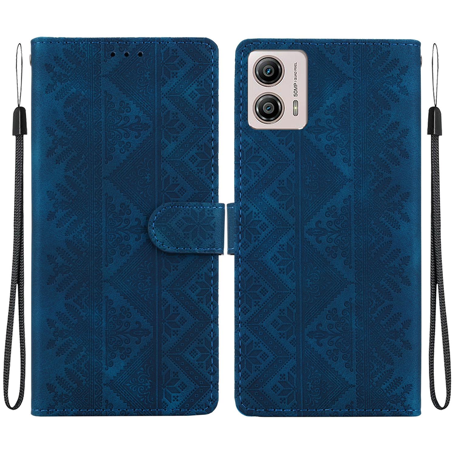 For Motorola Moto G13 / Moto G23 Ethnic Pattern Embossed Vegan Leather Phone Case(Dark Blue) - Shopkiz.com
