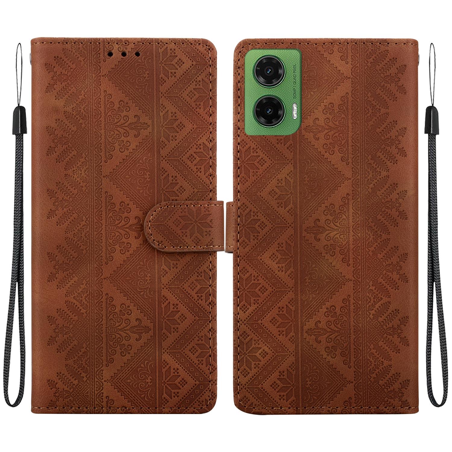 For Motorola Moto G35 Ethnic Pattern Embossed Vegan Leather Phone Case(Brown) - Shopkiz.com