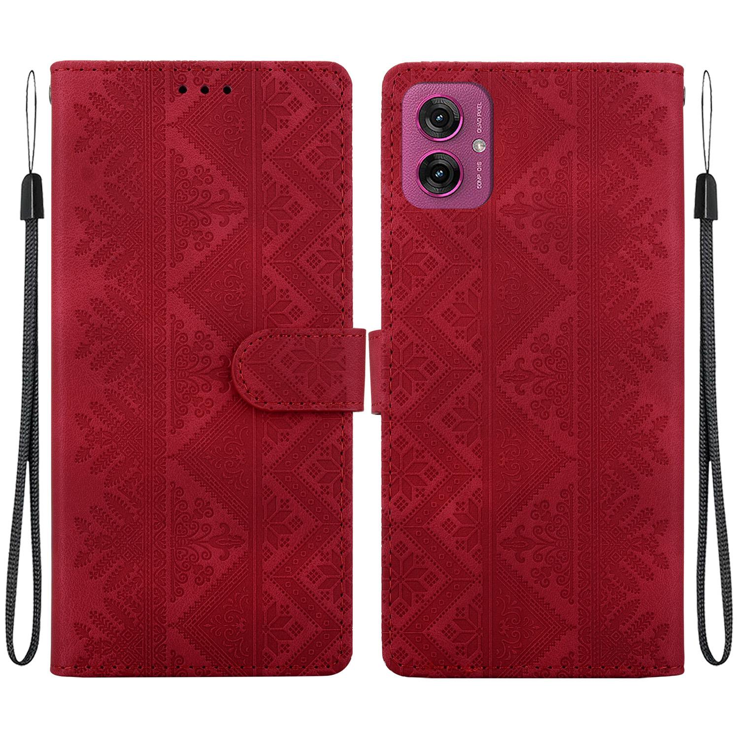 For Motorola Moto G55 Ethnic Pattern Embossed Vegan Leather Phone Case(Red) - Shopkiz.com