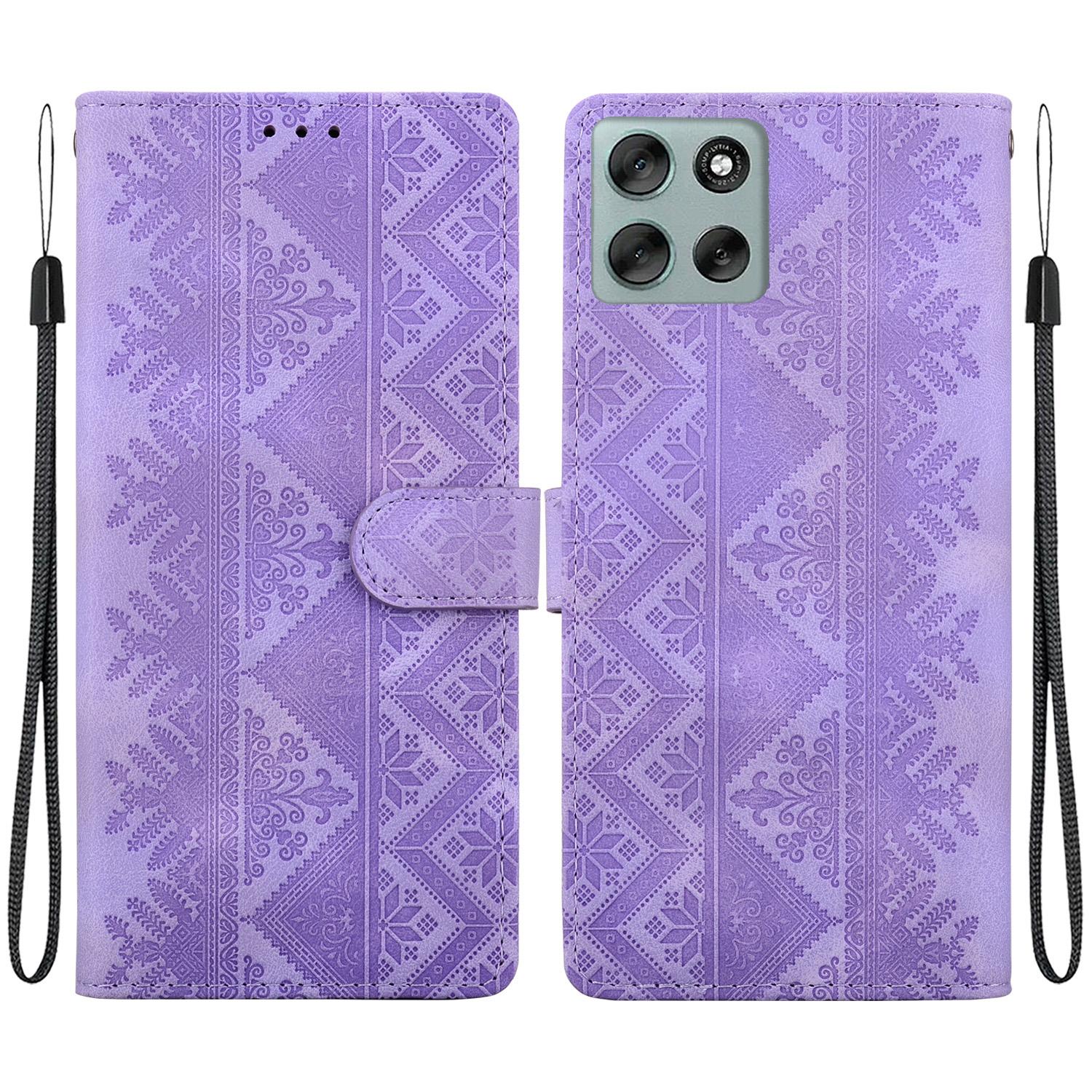 For Motorola Moto G56 5G / G66j 5G / G66y 5G Ethnic Pattern Embossed Vegan Leather Phone Case(Purple) - Shopkiz.com