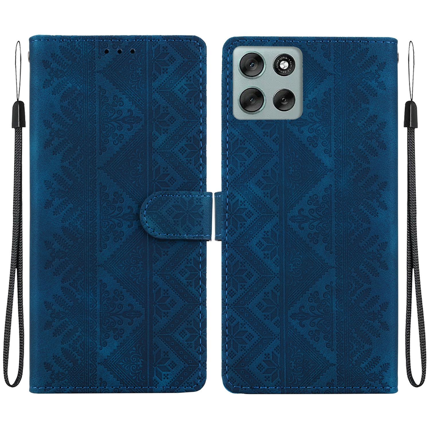 For Motorola Moto G56 5G / G66j 5G / G66y 5G Ethnic Pattern Embossed Vegan Leather Phone Case(Dark Blue) - Shopkiz.com