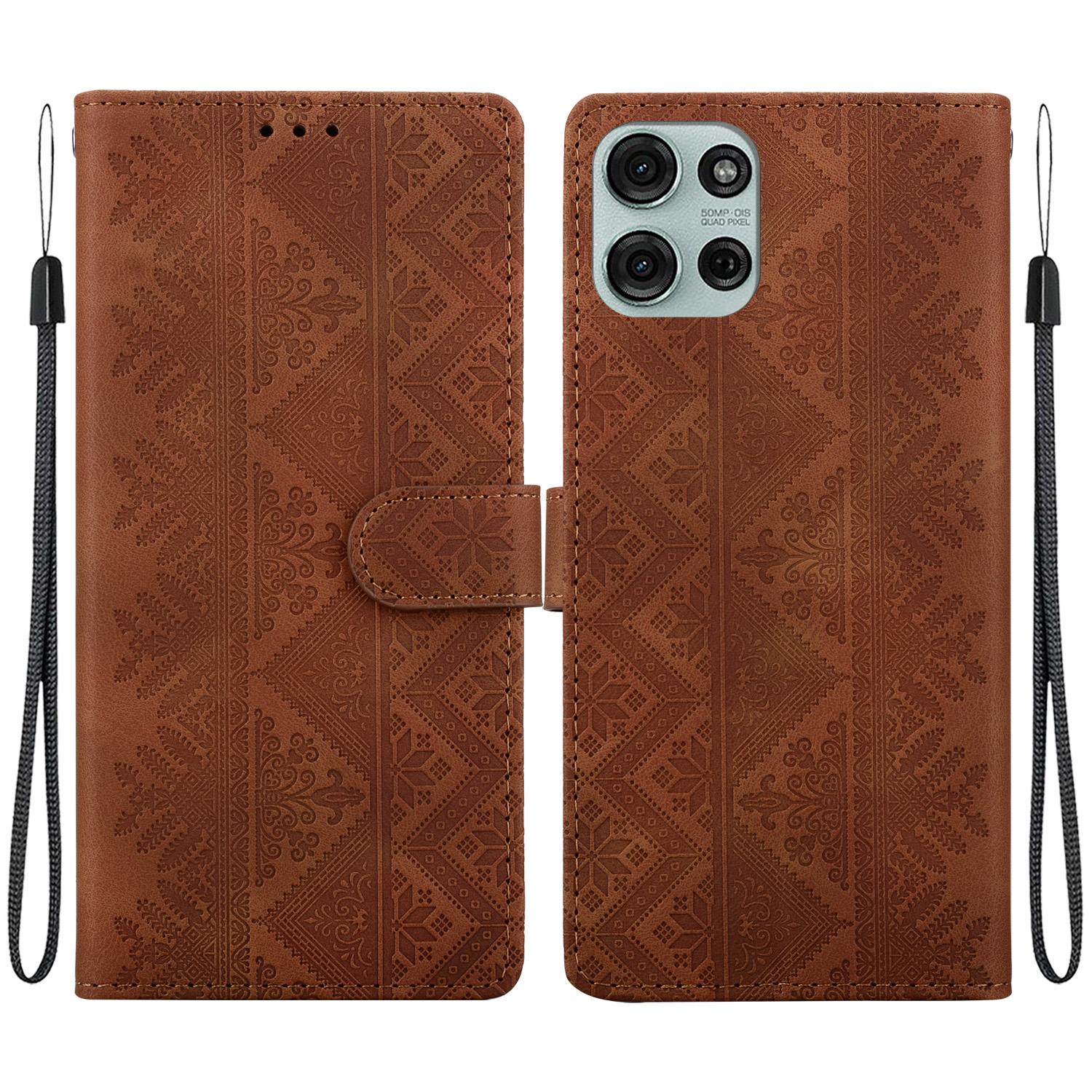 For Motorola Moto G75 5G Ethnic Pattern Embossed Vegan Leather Phone Case(Brown) - Shopkiz.com