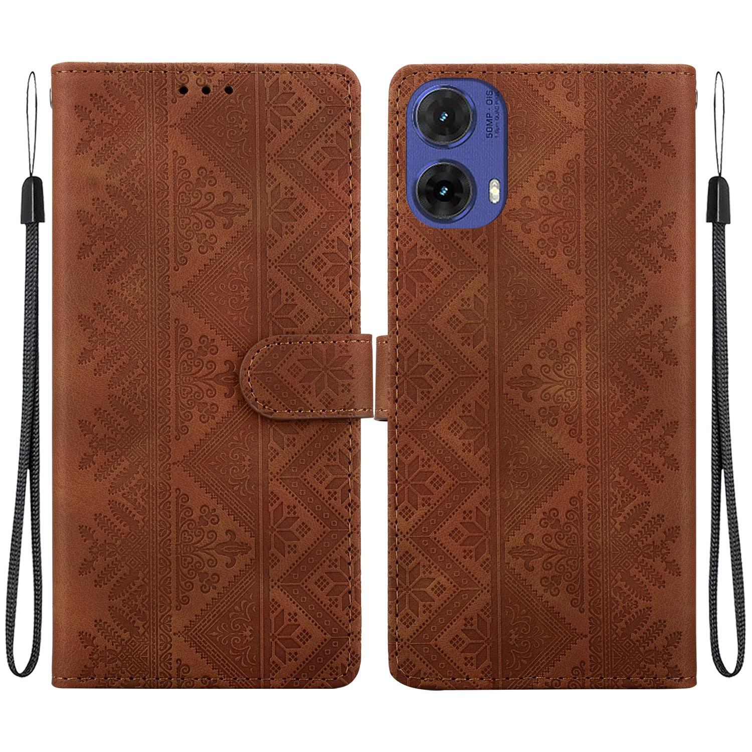 For Motorola S50 Neo / Moto G85 Ethnic Pattern Embossed Vegan Leather Phone Case(Brown) - Shopkiz.com