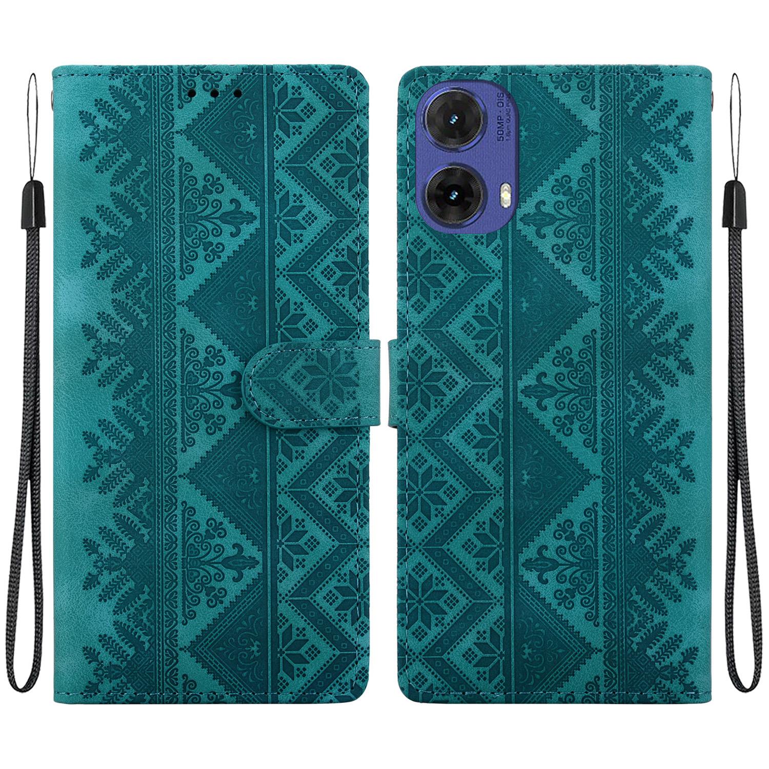 For Motorola S50 Neo / Moto G85 Ethnic Pattern Embossed Vegan Leather Phone Case(Green) - Shopkiz.com