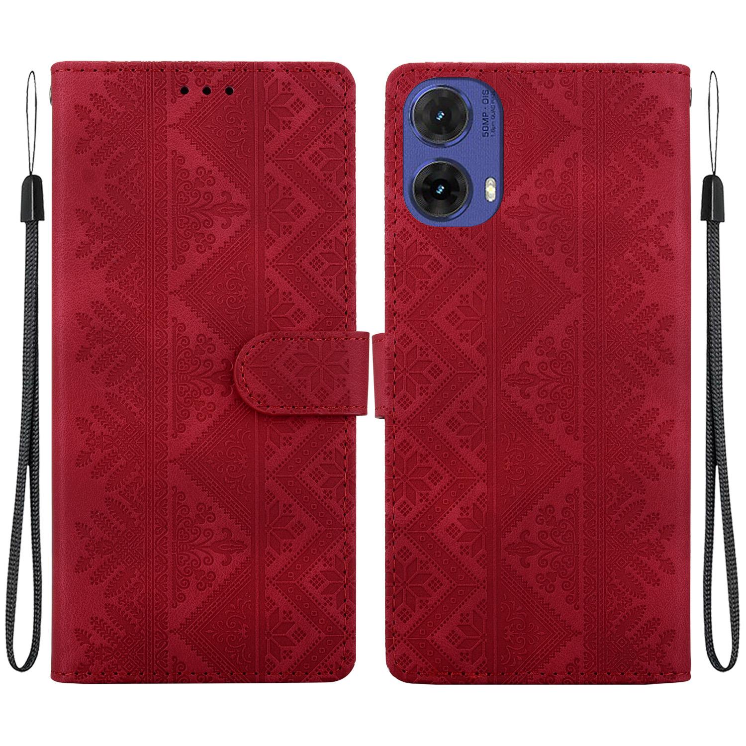 For Motorola S50 Neo / Moto G85 Ethnic Pattern Embossed Vegan Leather Phone Case(Red) - Shopkiz.com