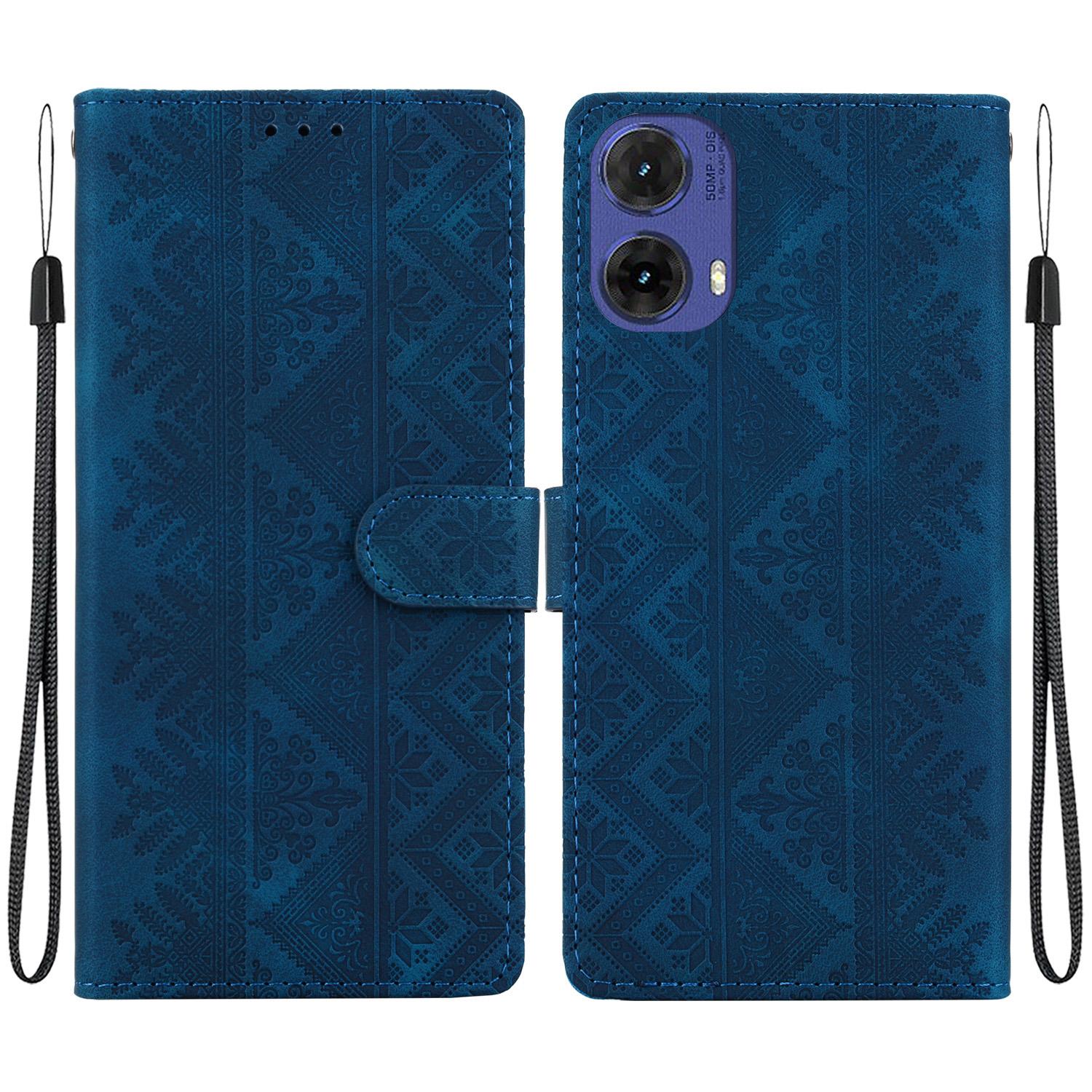 For Motorola S50 Neo / Moto G85 Ethnic Pattern Embossed Vegan Leather Phone Case(Dark Blue) - Shopkiz.com