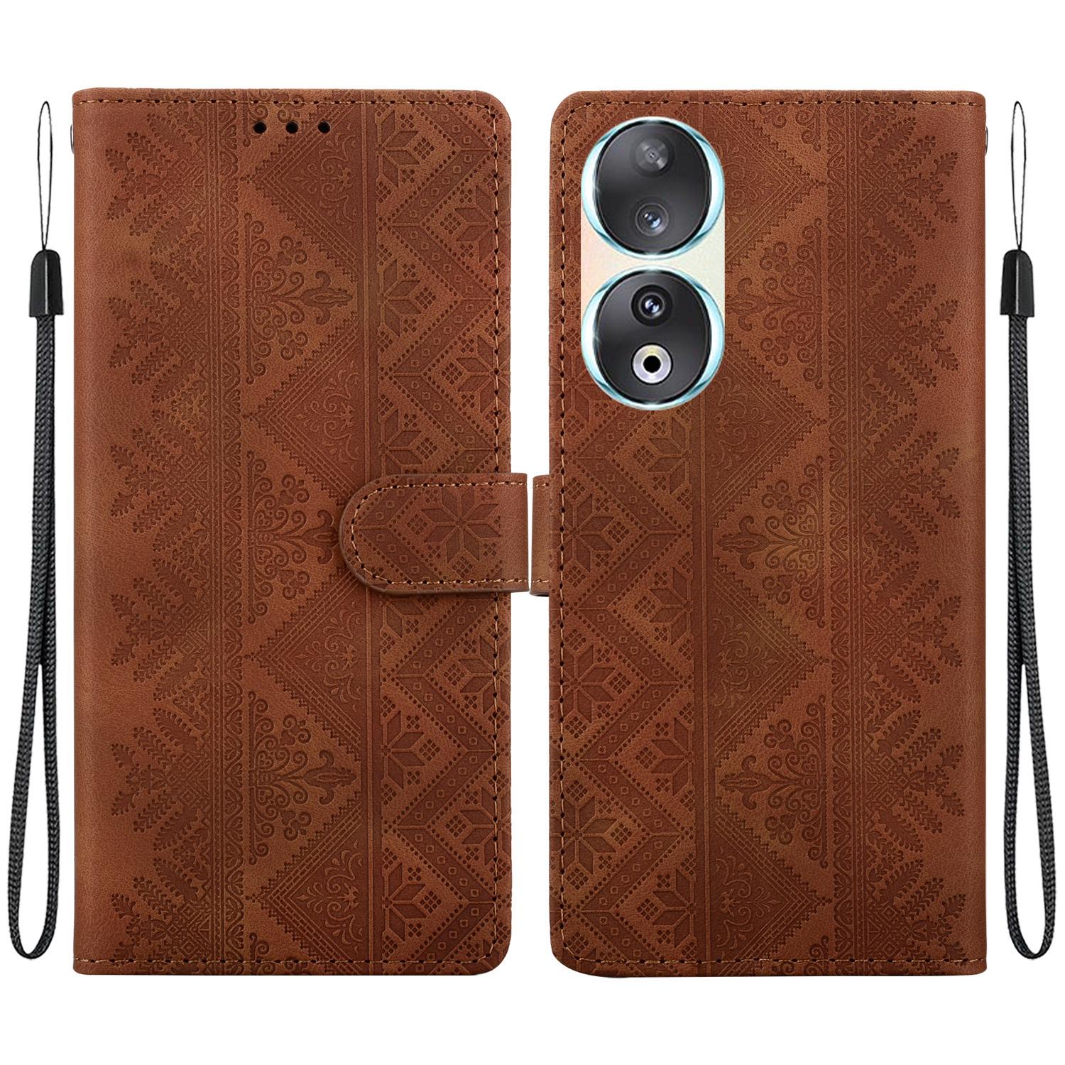 For Honor 90 Ethnic Pattern Embossed Vegan Leather Phone Case(Brown) - Shopkiz.com