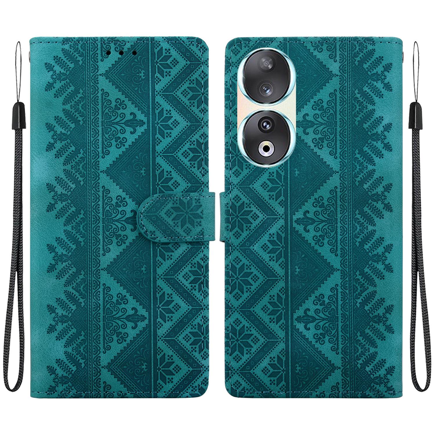 For Honor 90 Ethnic Pattern Embossed Vegan Leather Phone Case(Green) - Shopkiz.com