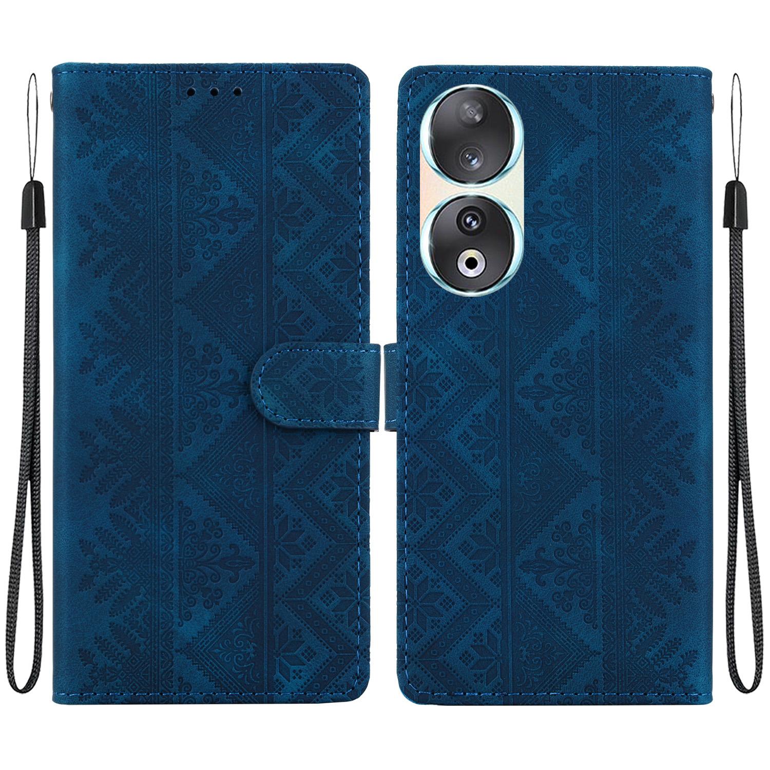 For Honor 90 Ethnic Pattern Embossed Vegan Leather Phone Case(Dark Blue) - Shopkiz.com