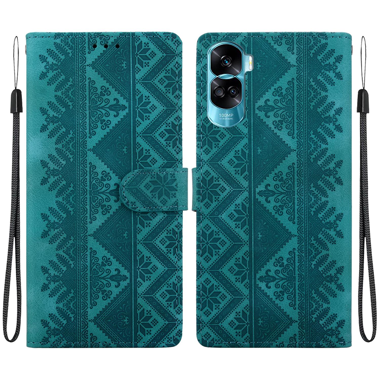 For Honor 90 Lite Ethnic Pattern Embossed Vegan Leather Phone Case(Green) - Shopkiz.com
