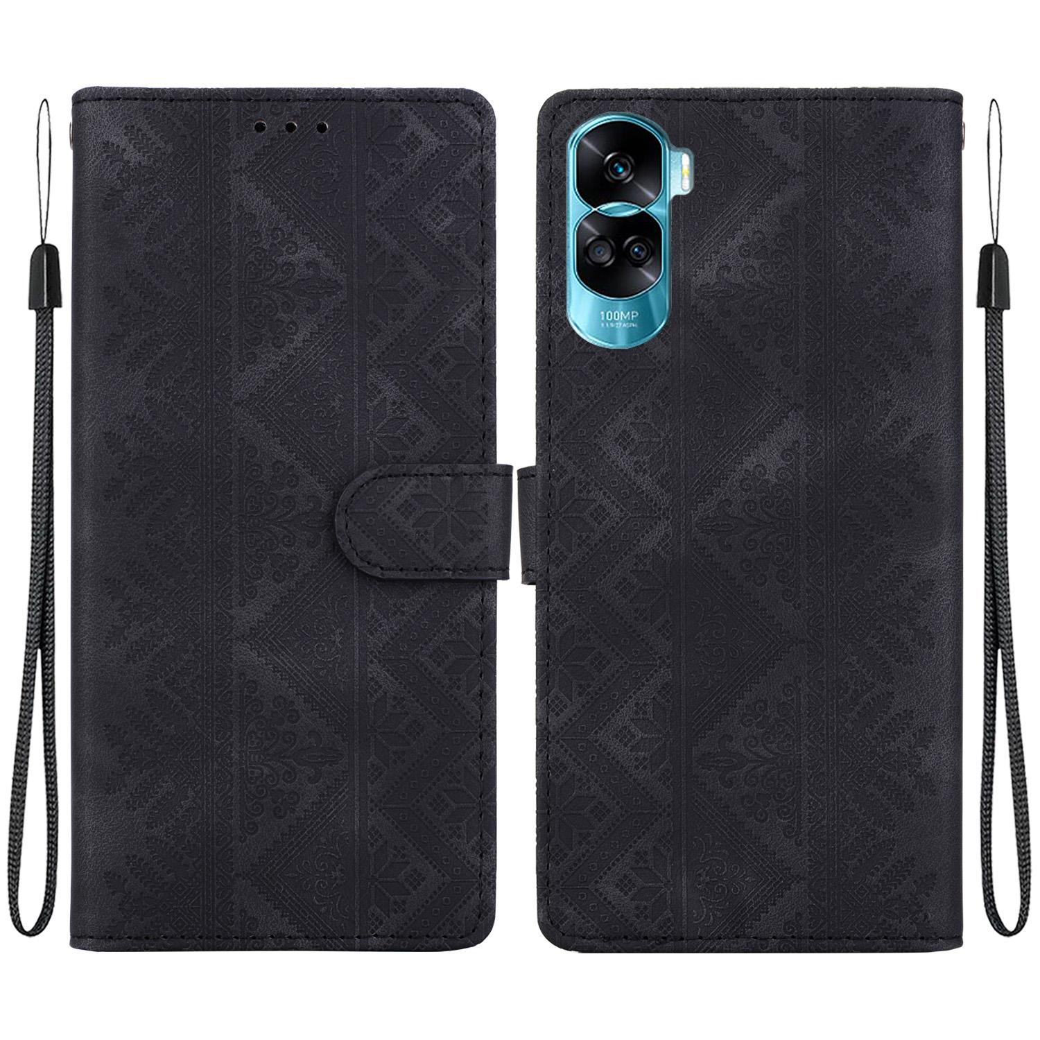 For Honor 90 Lite Ethnic Pattern Embossed Vegan Leather Phone Case(Black) - Shopkiz.com