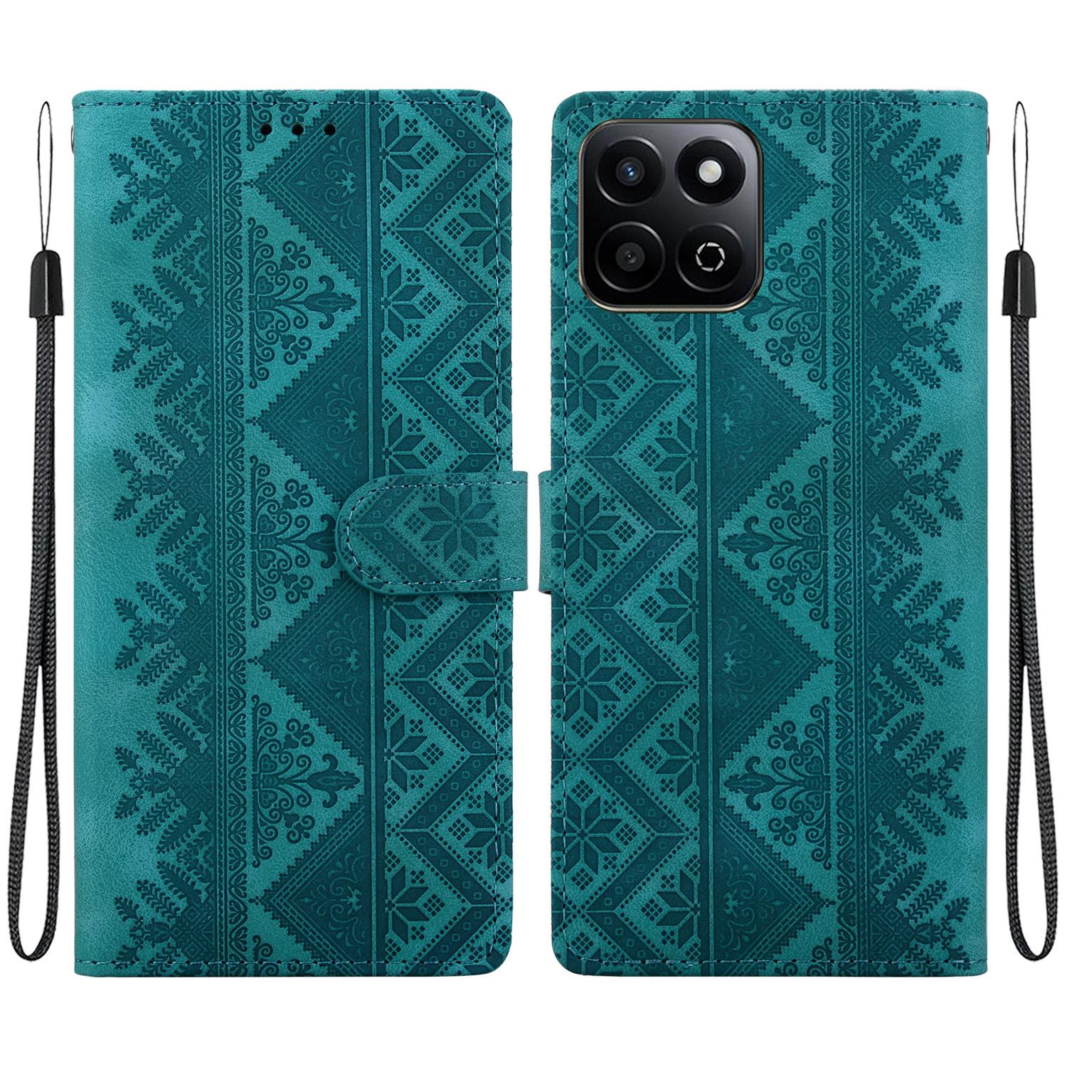 For Honor 200 Smart / Play 60 Plus / Play9T 5G Ethnic Pattern Embossed Vegan Leather Phone Case(Green) - Shopkiz.com