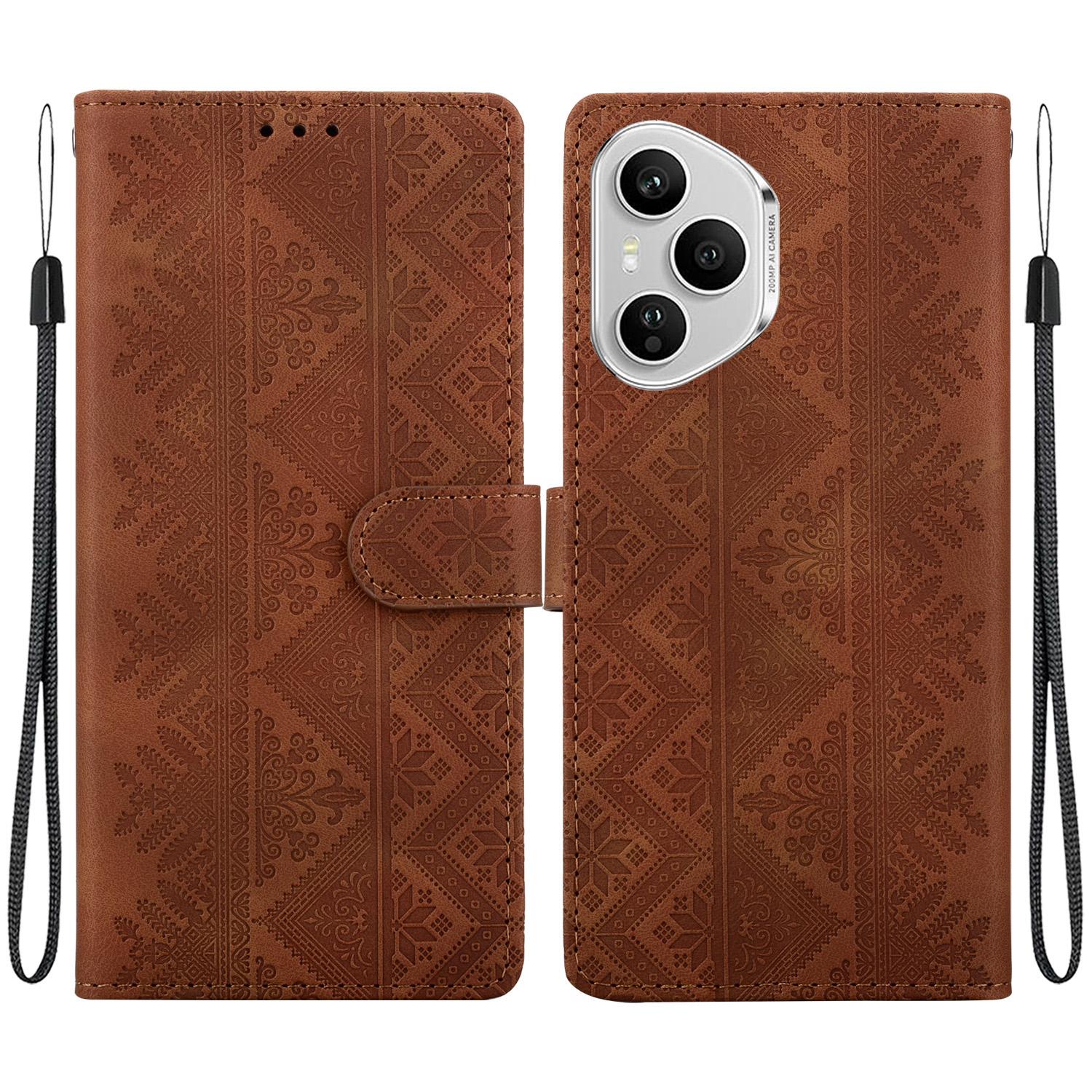 For Honor 400 Pro Global 160.8mm Ethnic Pattern Embossed Vegan Leather Phone Case(Brown) - Shopkiz.com