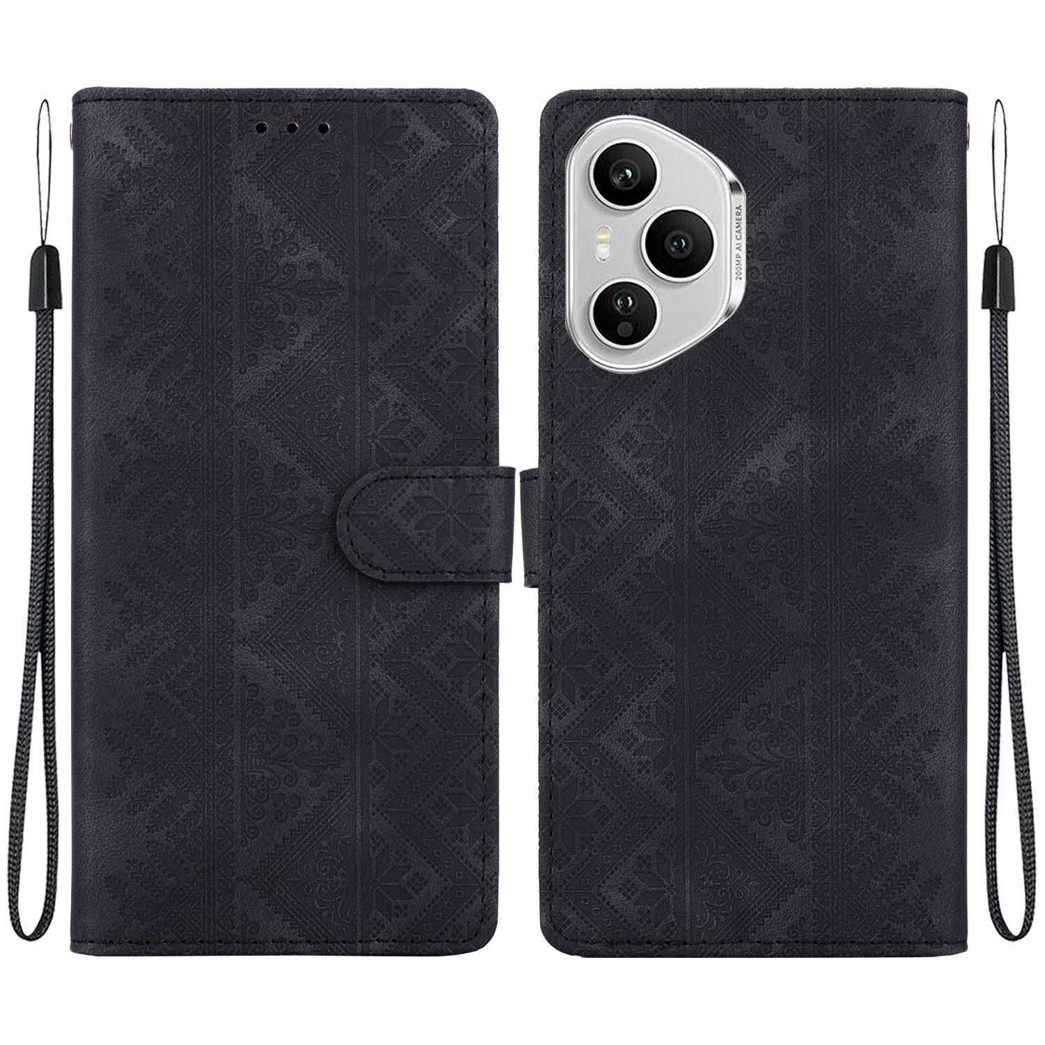 For Honor 400 Pro Global 160.8mm Ethnic Pattern Embossed Vegan Leather Phone Case(Black) - Shopkiz.com