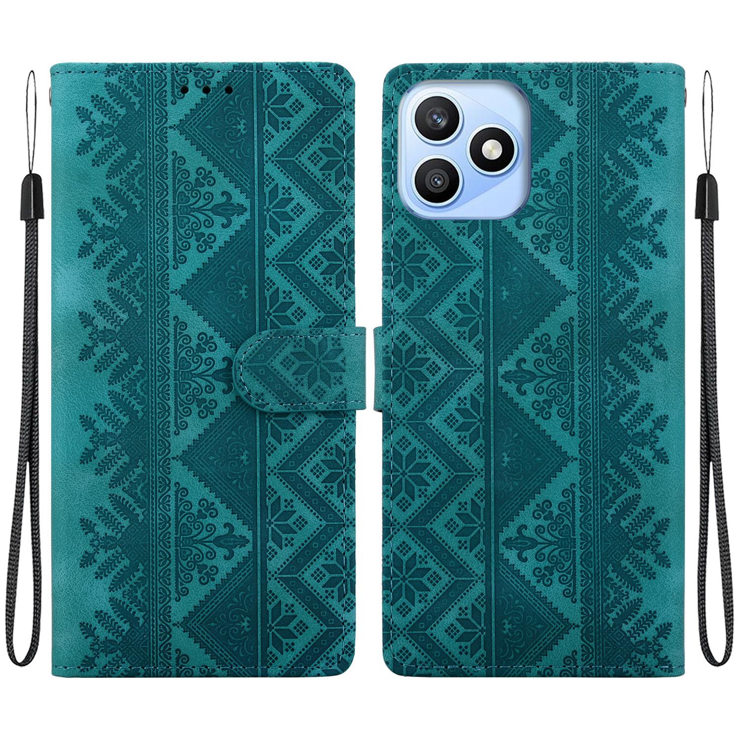 For Honor X8d 4G Ethnic Pattern Embossed Vegan Leather Phone Case(Green) - Shopkiz.com