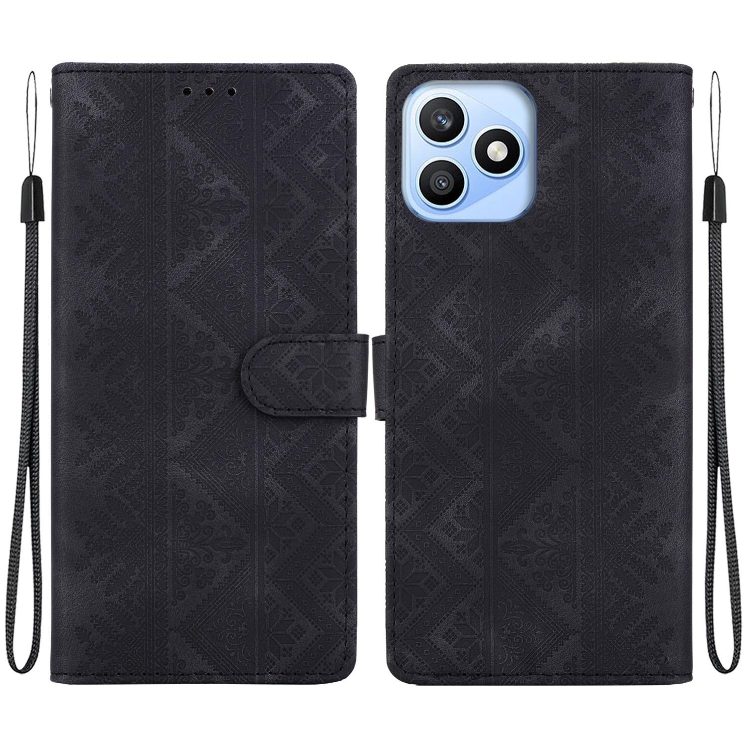 For Honor X8d 4G Ethnic Pattern Embossed Vegan Leather Phone Case(Black) - Shopkiz.com