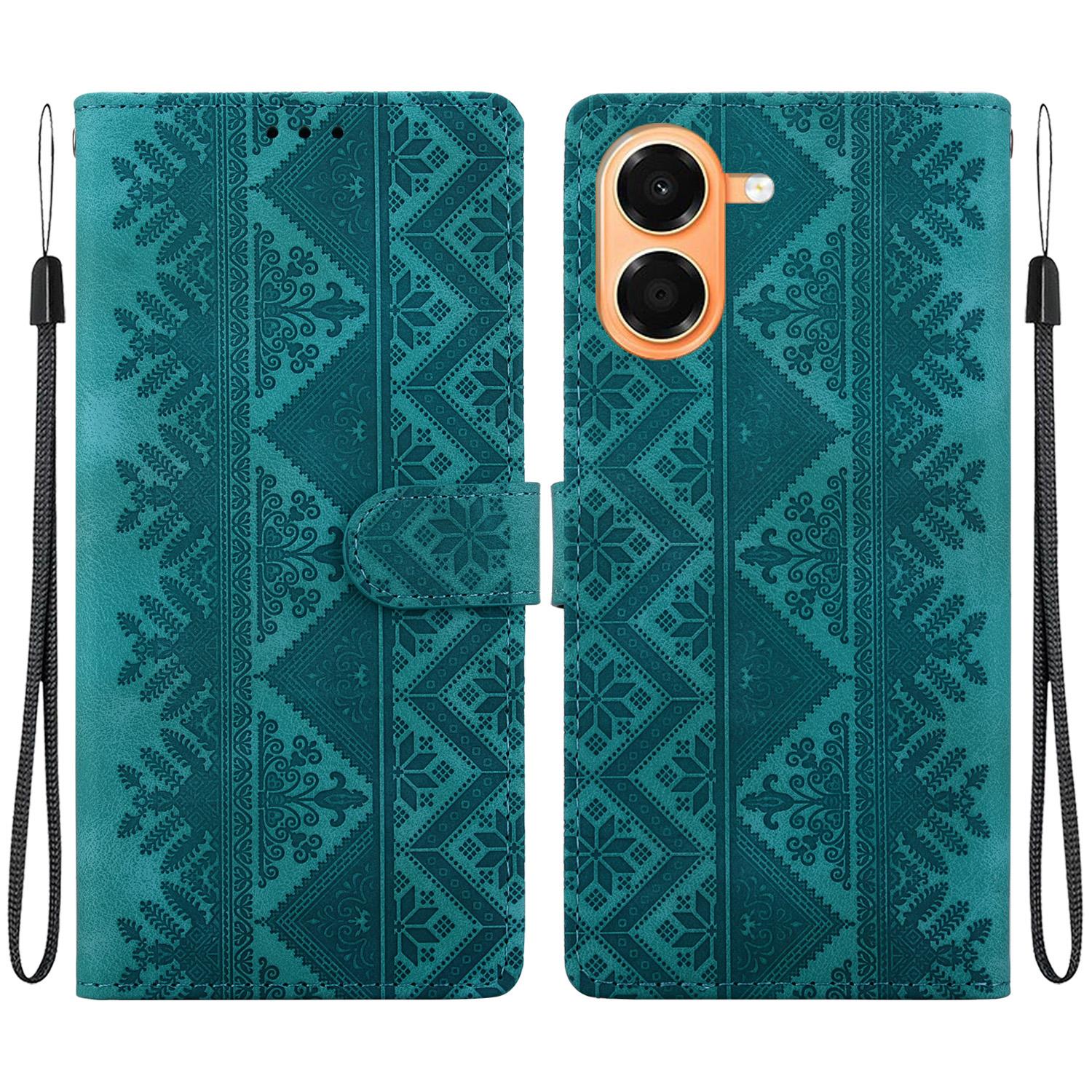 For Honor X7e 4G Ethnic Pattern Embossed Vegan Leather Phone Case(Green) - Shopkiz.com