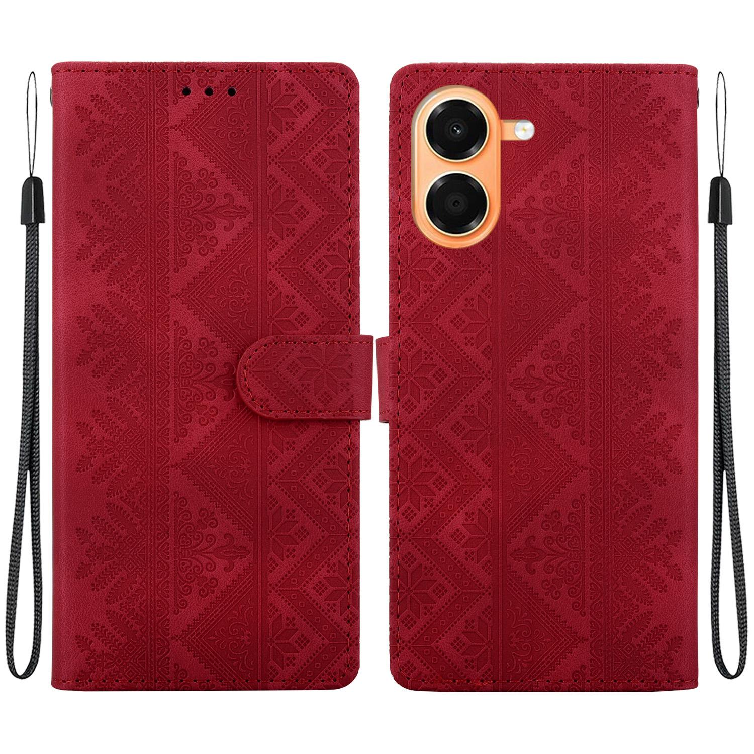 For Honor X7e 4G Ethnic Pattern Embossed Vegan Leather Phone Case(Red) - Shopkiz.com